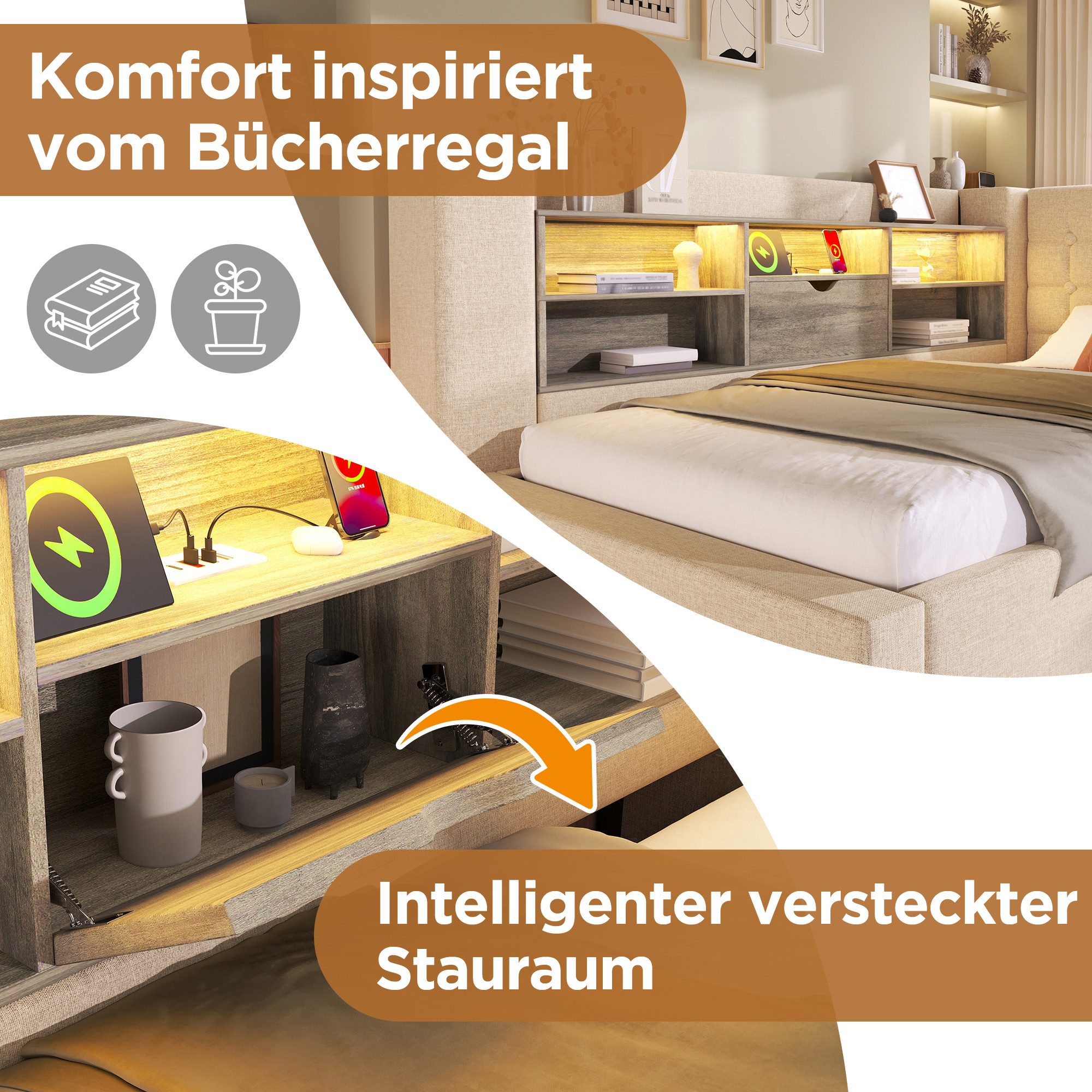 Flieks Daybett mit L-förmigem Kopfteil, Polsterbett 90x200cm mit Ausziehbett 90x190cm, LED-Leiste, USB/TYP-C – Bild 5 von 5