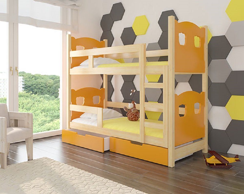 Feldmann-Wohnen Hochbett MARABA (Etagenbett mit 2 Schlafgelegenheiten) Farbe wählbar Kiefer Natur / Absetzungen: orange