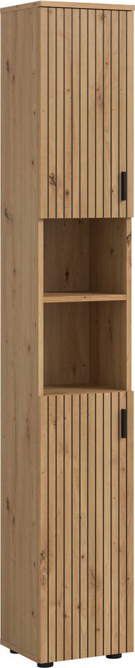 welltime Hochschrank MANI, Höhe: 192 cm, Paneeloptik, 2 offene Fächer, 2 Türen (1-St) Hochschrank, Bad-Schrank, Badezimmerschrank, Bad, Badezimmer