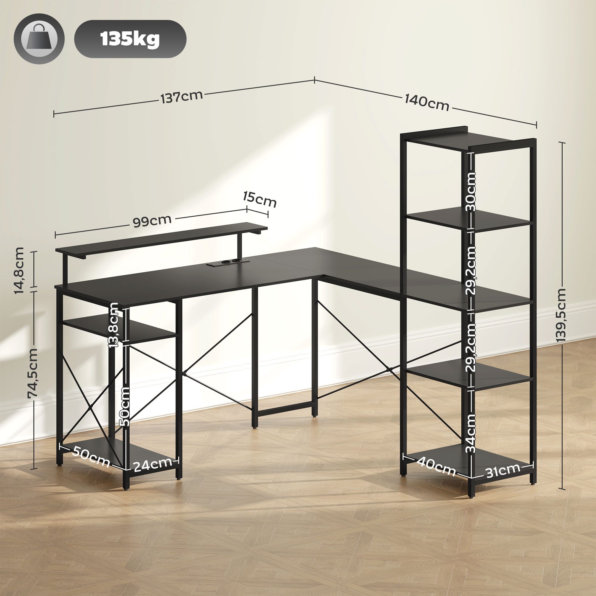 HOMCOM Computertisch L-förmig, 137 x 140 x 139,5 cm, mit 6 Ablagen, Monitorständer (Bürotisch, 1-St., Eckschreibtisch), mit Monitorständer, USB, Steckdose, für Homeoffice, Büro, Schwarz