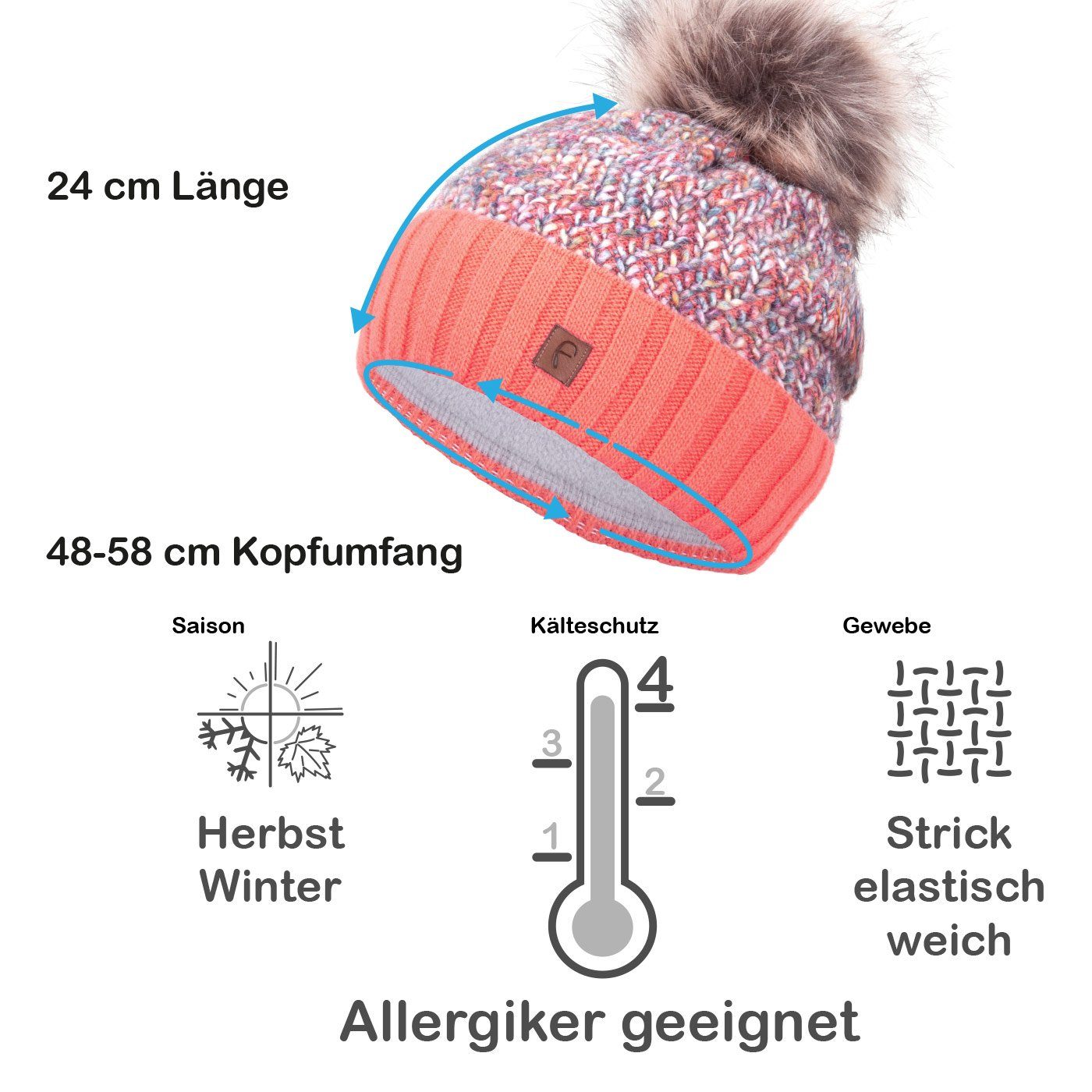 Faera Bommelmütze Wintermütze Damen Herren Mütze Beanie Haube gefüttert Bommelmütze