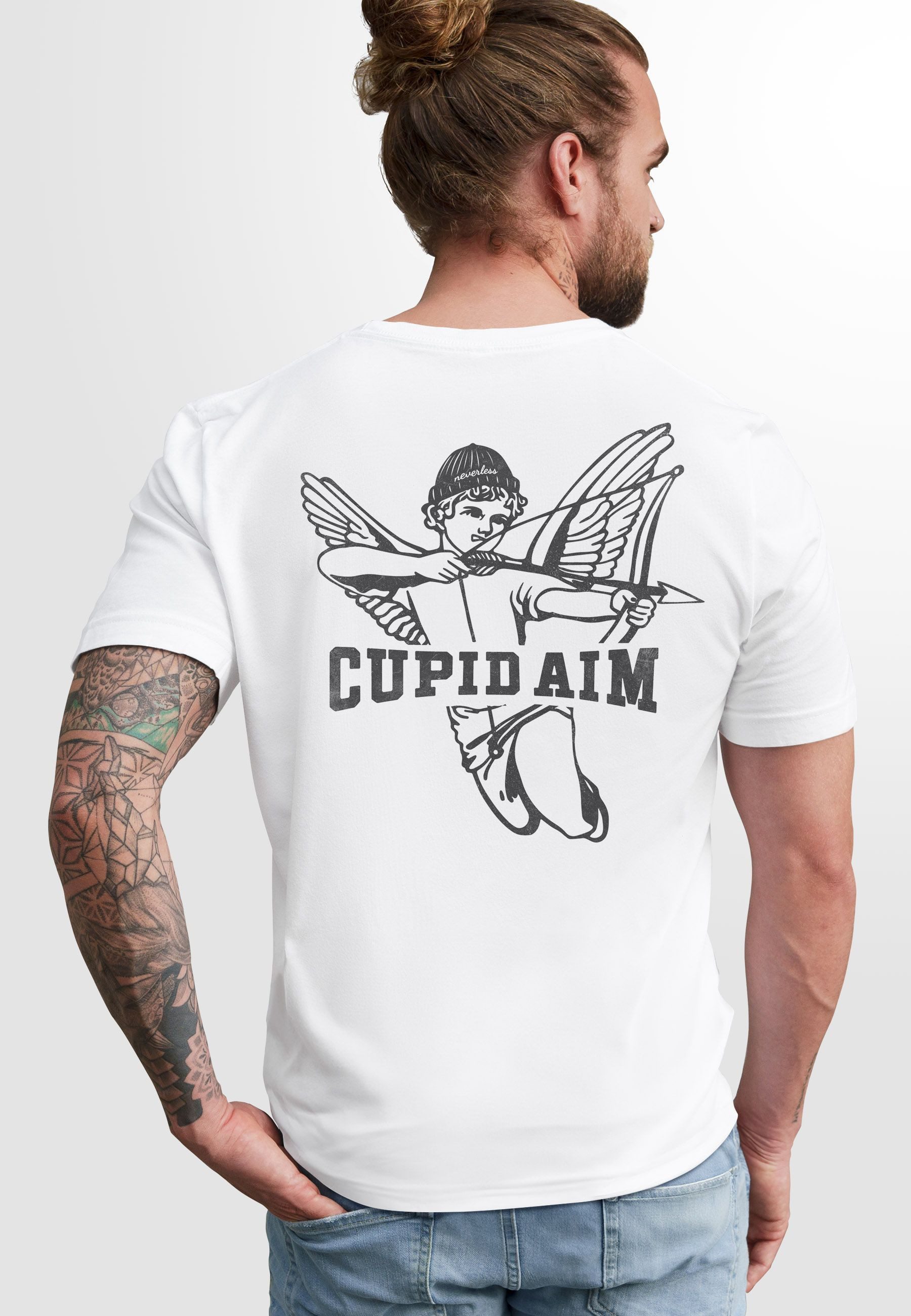 Neverless Print-Shirt Herren T-Shirt Backprint Engel Aufdruck Schriftzug Cupid Aim Amor mit Print – Bild 2 von 5