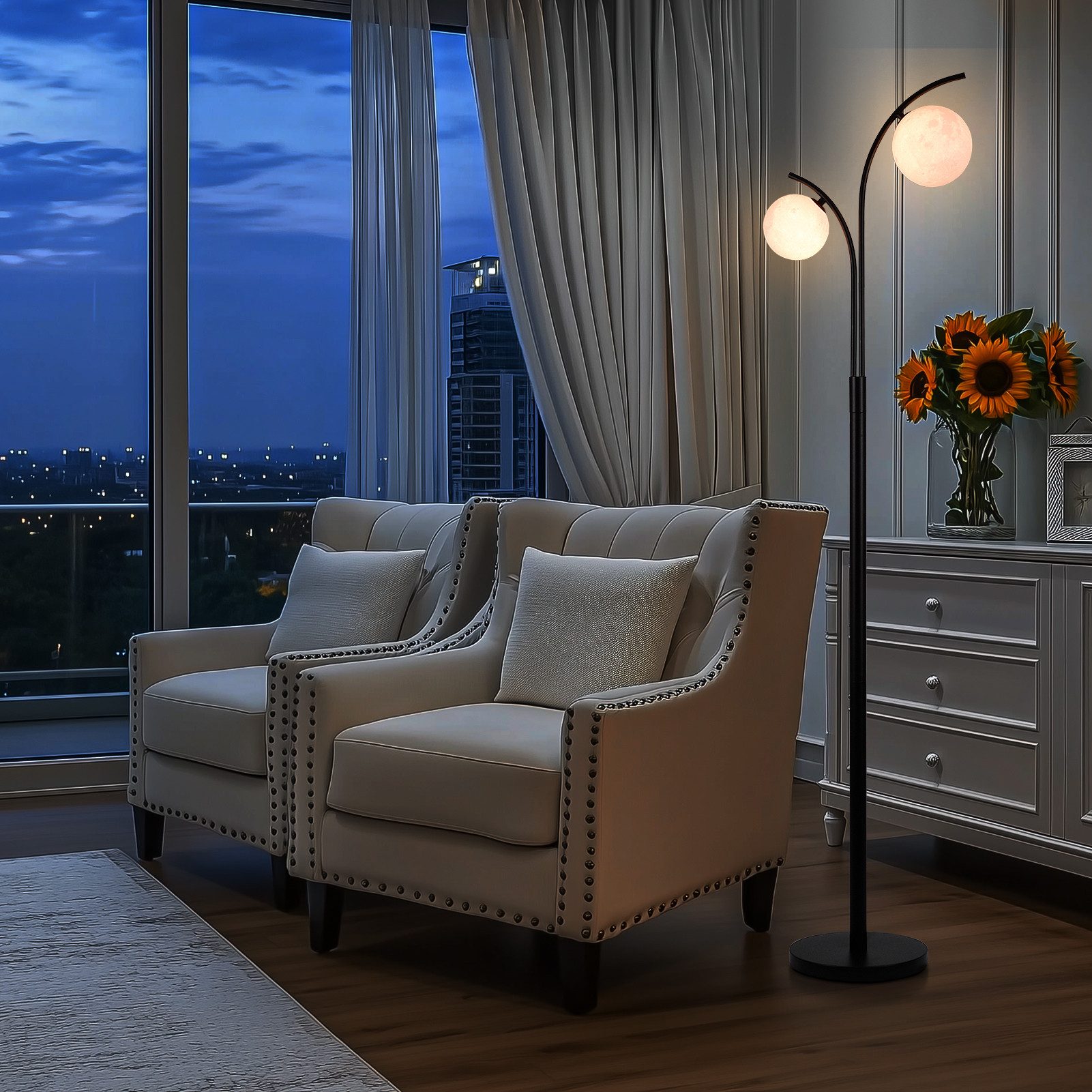 STANBOW Stehlampe mit Mond‑Oberflächen‑Optik – 3D‑gedruckte Kugelschirm, ohne Leuchtmittel, Kaltweiß, Neutralweiß, Warmweiß, 160 cm,schwarz‑weiß,G9,Standleuchte für Home‑Office,Schlaf-,Wohnzimmer