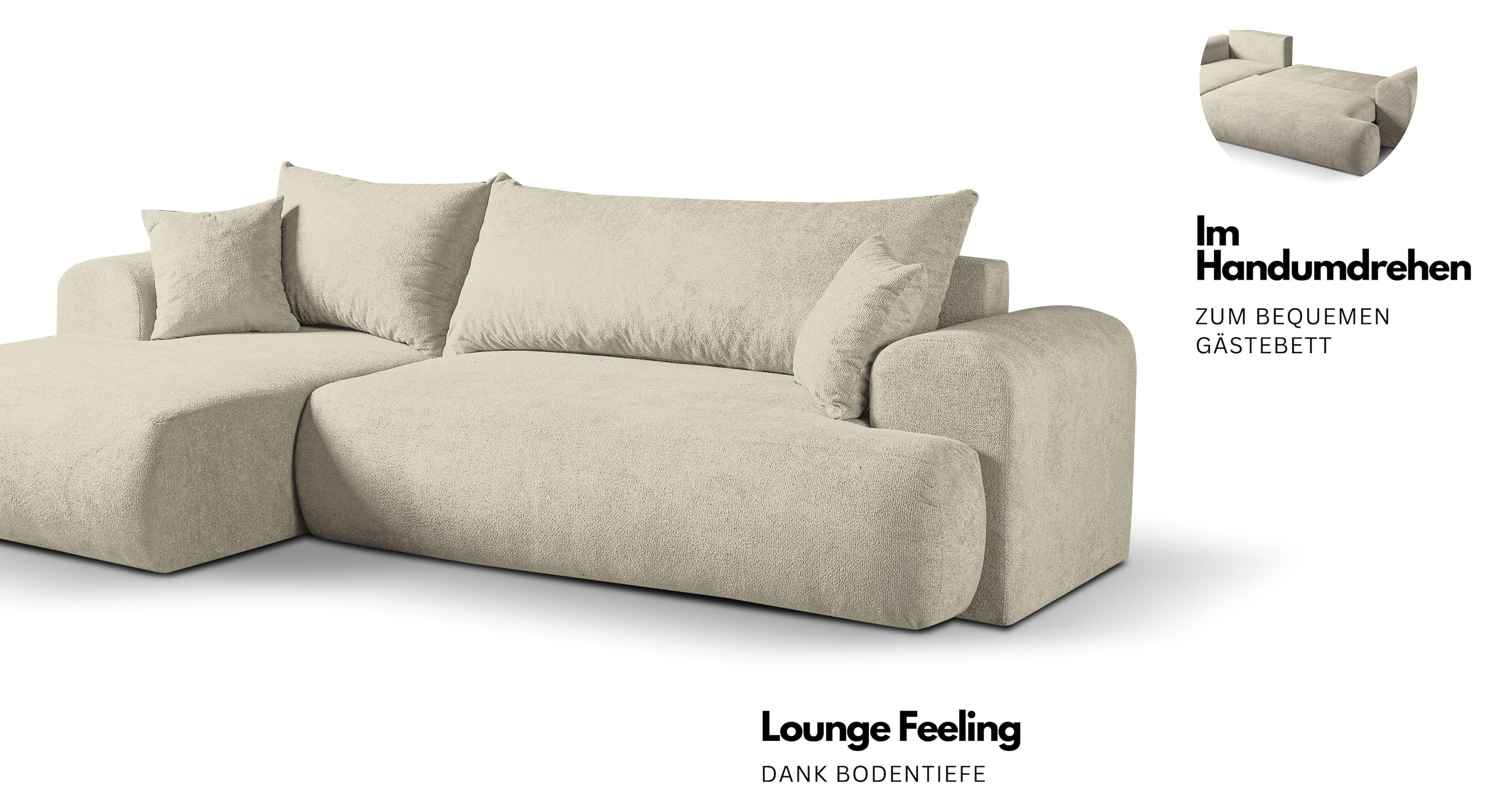 WERK2 Ecksofa Ewela, modern, inkl. Bettfunktion & Bettkasten, bequem, Breite 265cm, moderner Boucle Bezug, Liegefläche 200/140cm