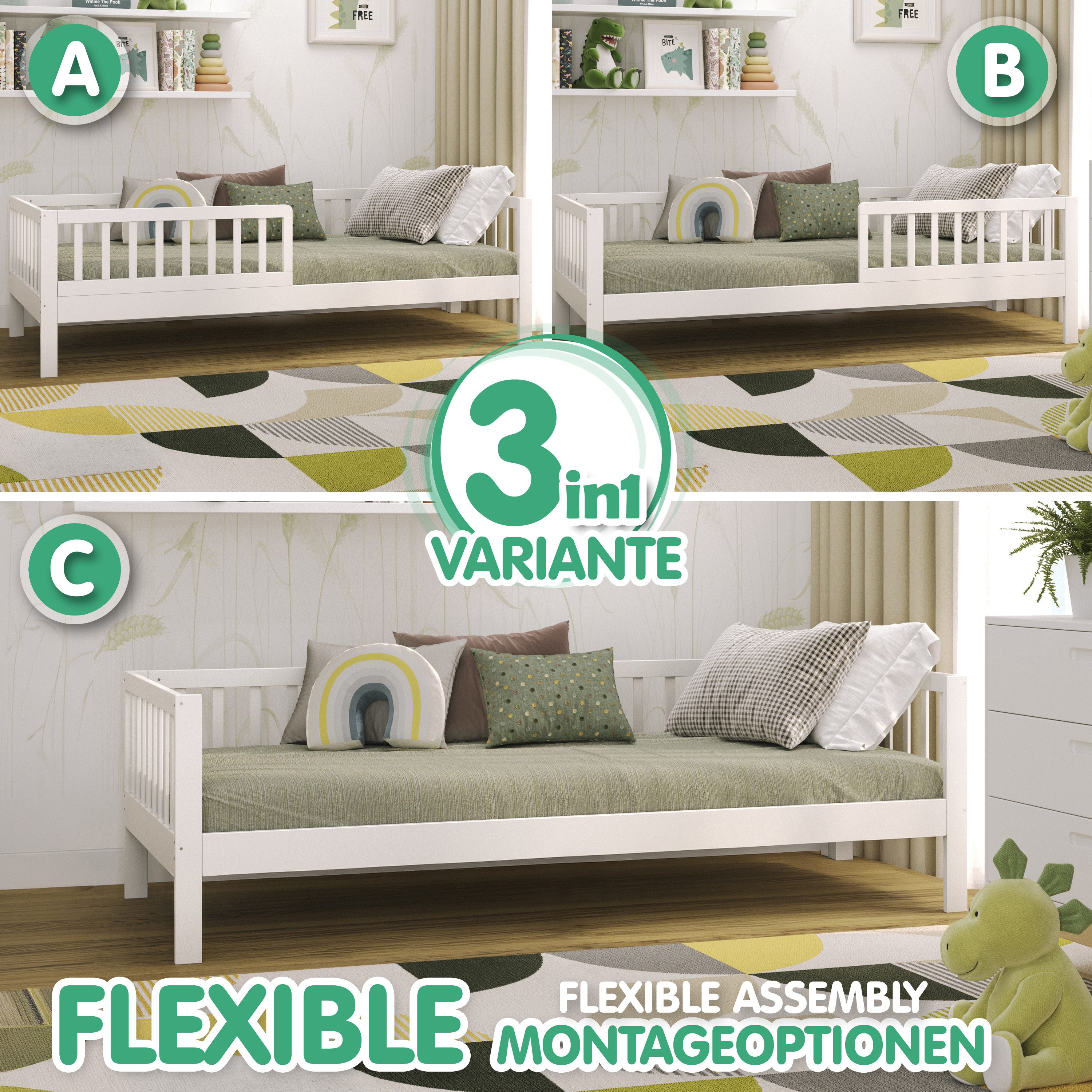 CADANI Kinderbett Nik - abnehmbarer Rausfallschutz - bis 200 kg belastbar (Jugendbett · bis 200 kg belastbar · inkl. Roll-Lattenrost), · Kiefer Massivholz · Farbe: Weiß