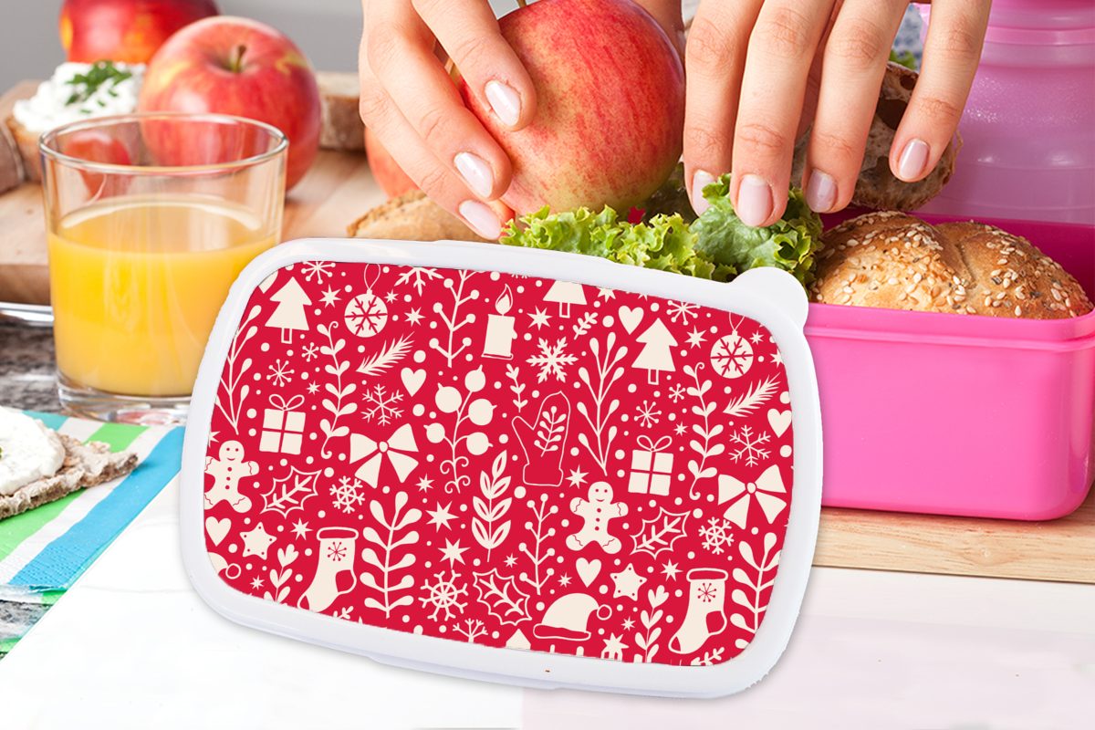 MuchoWow Lunchbox Muster - Weihnachten rosa Fest, Kunststoff für Mädchen, Kunststoff, (2-tlg), Brotdose Brotbox - Snackbox, - Winter Erwachsene, Kinder