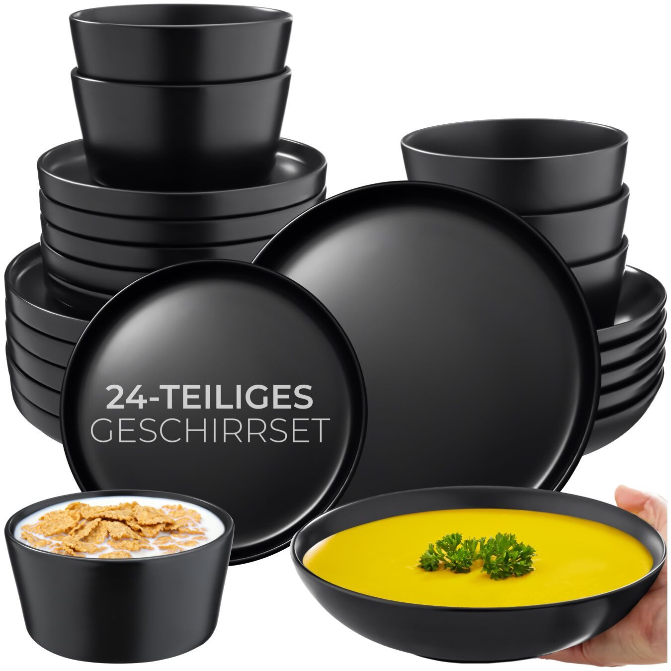 tectake Geschirr-Set Tafelservice aus Steingut für 6 Personen, ineinander stapelbar (24-tlg), 6 Personen, Steingut, im Urban-Style, mit Glasur, spülmaschinen- und mikrowellengeeignet