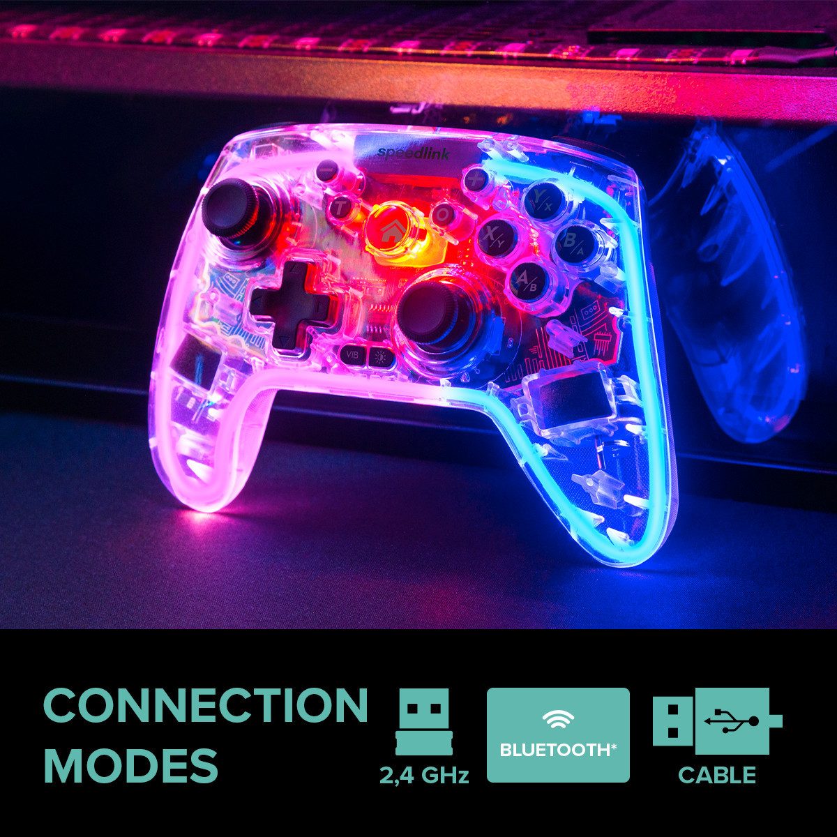 Speedlink RA IT NX RGB Gamepad, kabellos/kabelgebunden, transparent klar, Gaming-Controller
