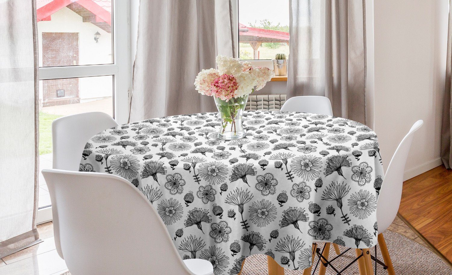 Tischdecke Esszimmer Abakuhaus Küche Abdeckung Tischdecke für Kreis Dekoration, Blumen-Skizze Blick Charcoal Blumen