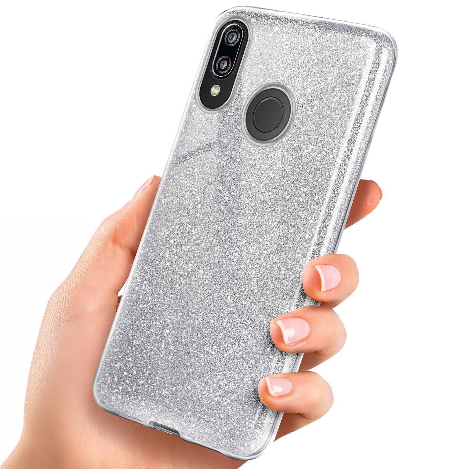 Handyhülle für Huawei P20 Lite Glitzer Hülle Glitter Case Silber