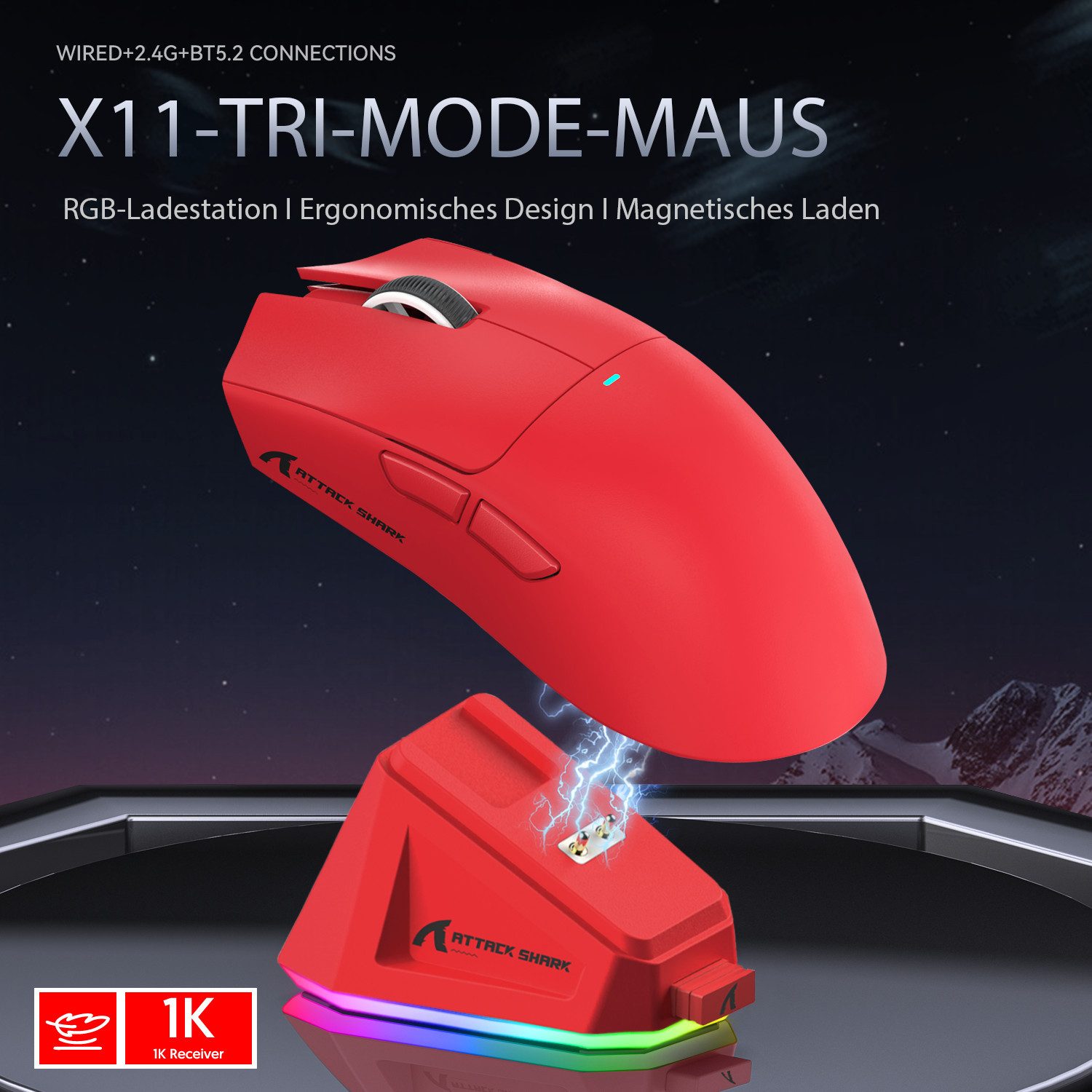 ATTACK SHARK X11 Kabellose Gaming-Maus mit Magnetischer Ladestation Gaming-Maus (2.4G, Bluetooth, kabelgebunden, 1000 dpi)