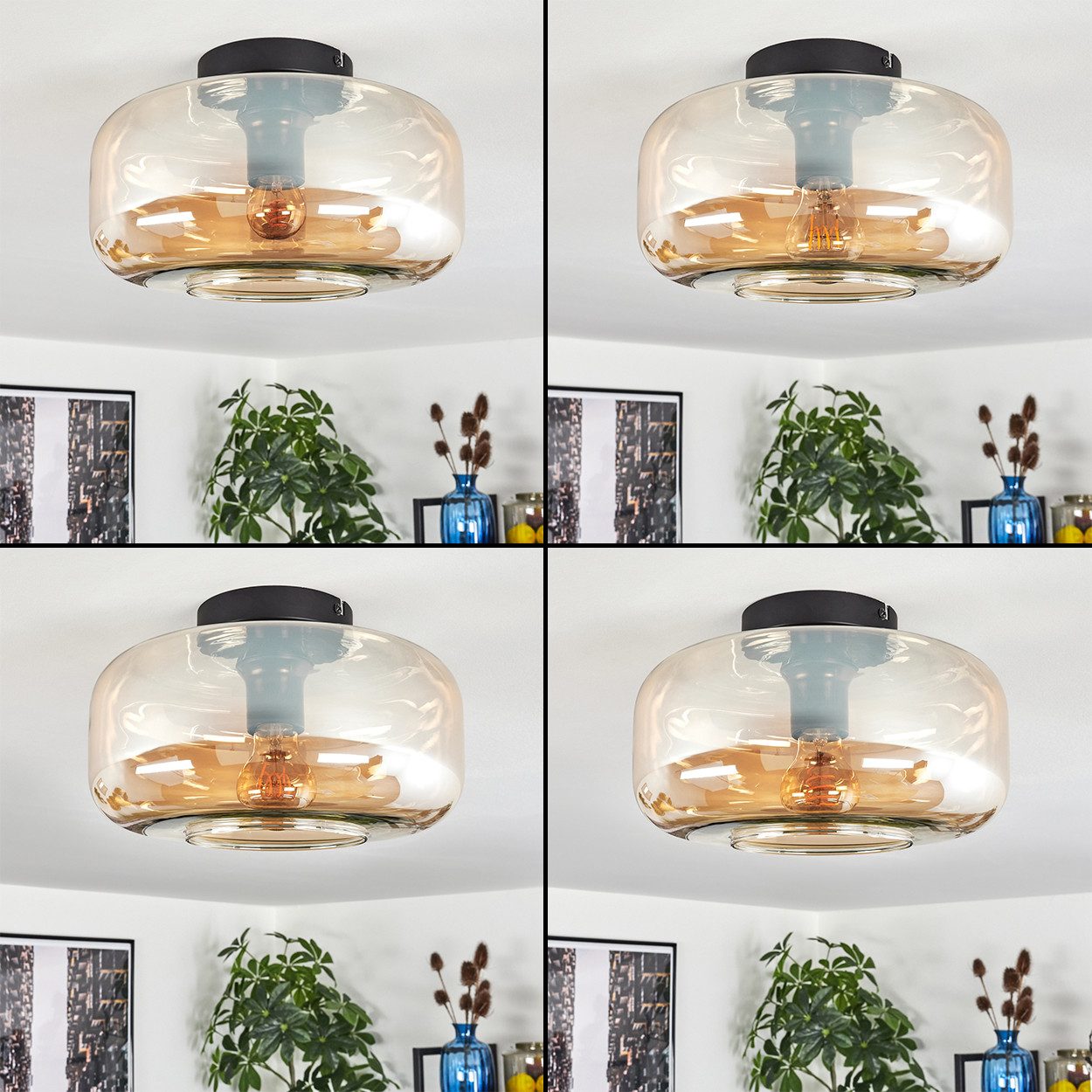 hofstein Deckenleuchte runde Deckenlampe aus Metall/Glas in Schwarz/Bernsteinfarben, ohne Leuchtmittel, im Vintage-Design mit Glasschirm (28 cm), 1 x E27, ohne  – Bild 2 von 5