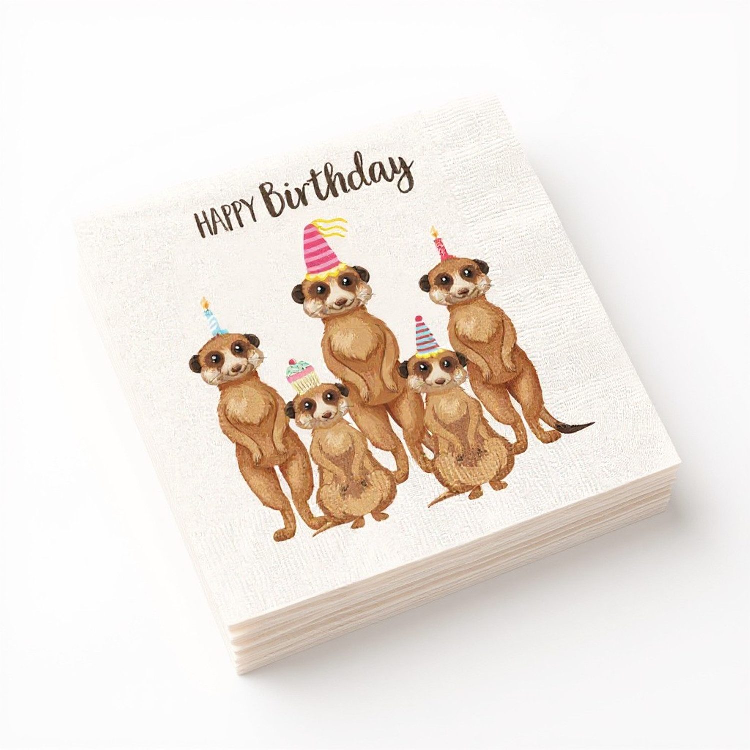 Macosa Home Papierserviette Servietten Set 40 Stk. Happy Birthday Erdmännchen Beige Braun, (Partyservietten, Papierservietten Einweg-Servietten), Papier Tischdeko Geburtstag Cocktailservietten