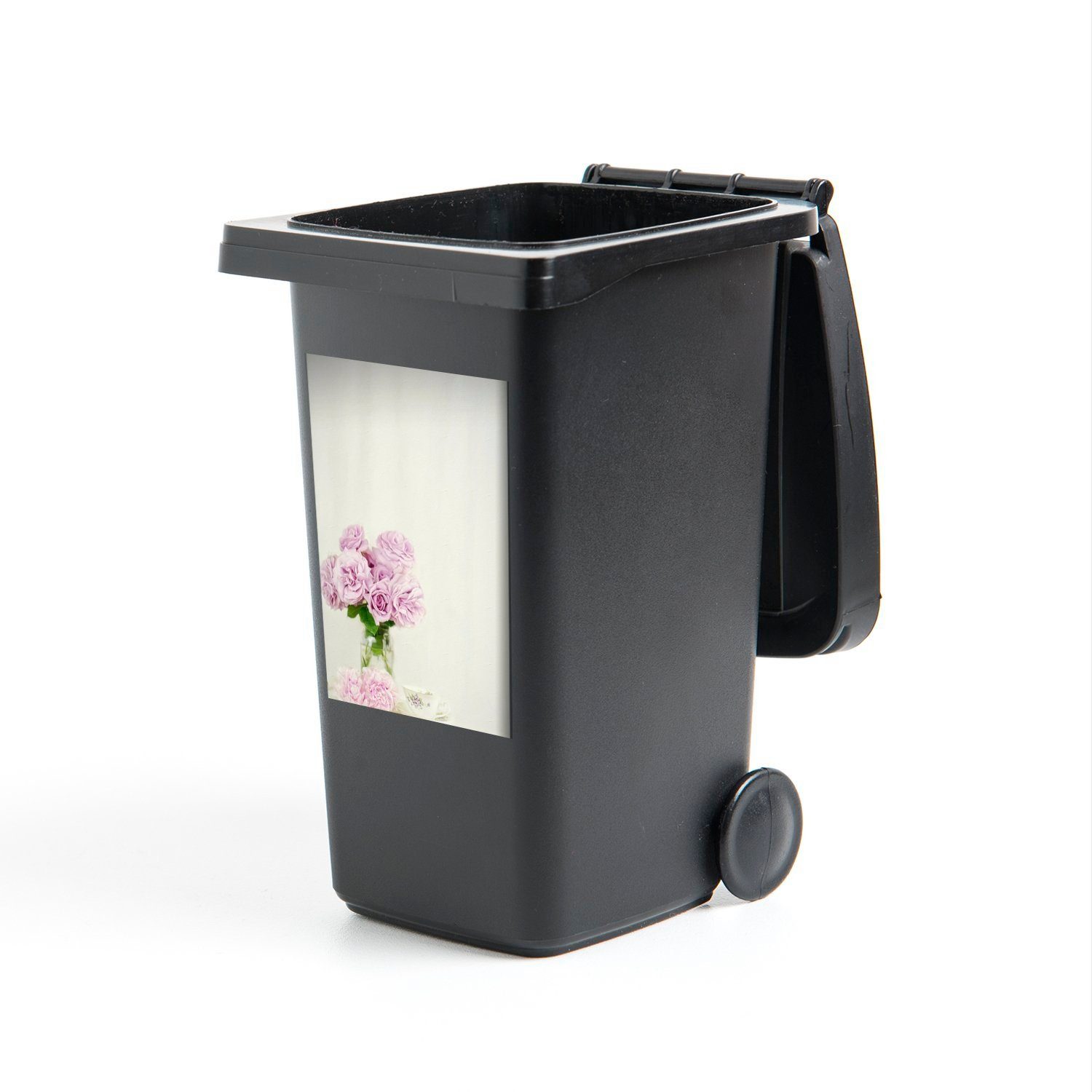 MuchoWow Wandsticker Abfalbehälter rosa (1 Container, Sticker, St), Mülltonne, Mülleimer-aufkleber, einer Pfingstrosen an Teetasse Blumenstrauß aus