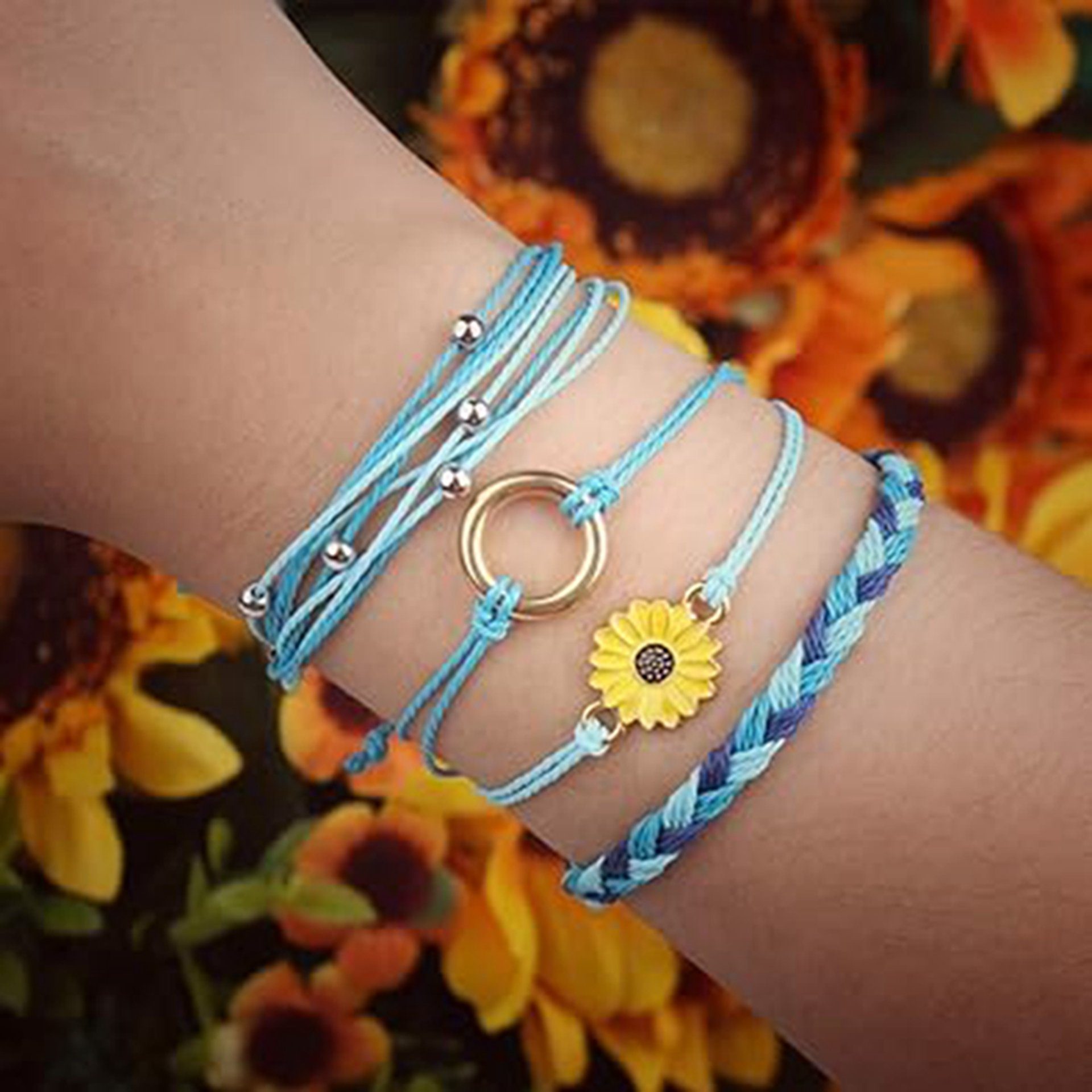 glänzende Armband handgewebtes Set (4-tlg) Sonnenblumen-Seilarmbänder, Seil WaKuKa 4