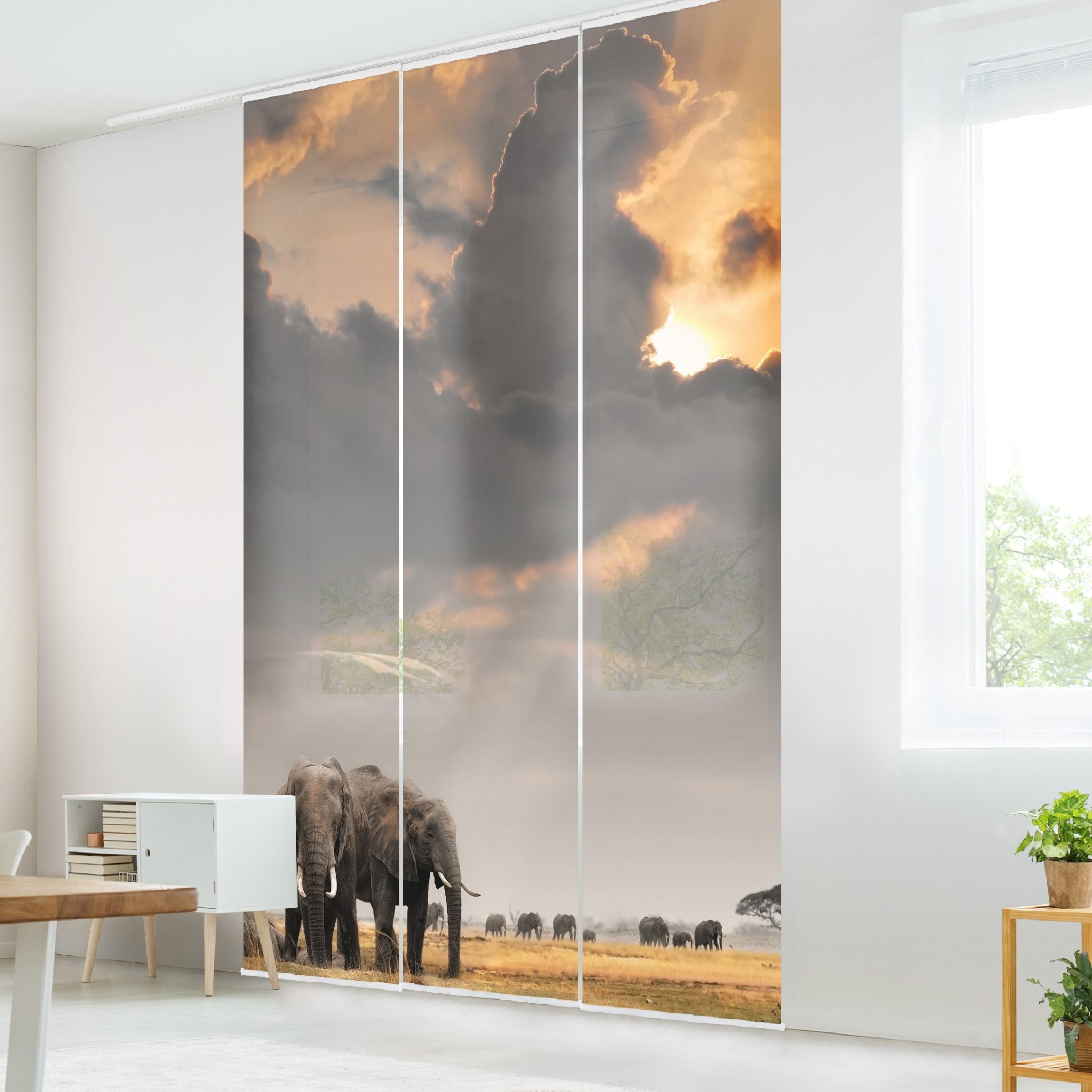 Bilderdepot24 Schiebegardine modern Flächenvorhang blickdicht Elefanten günstig online kaufen