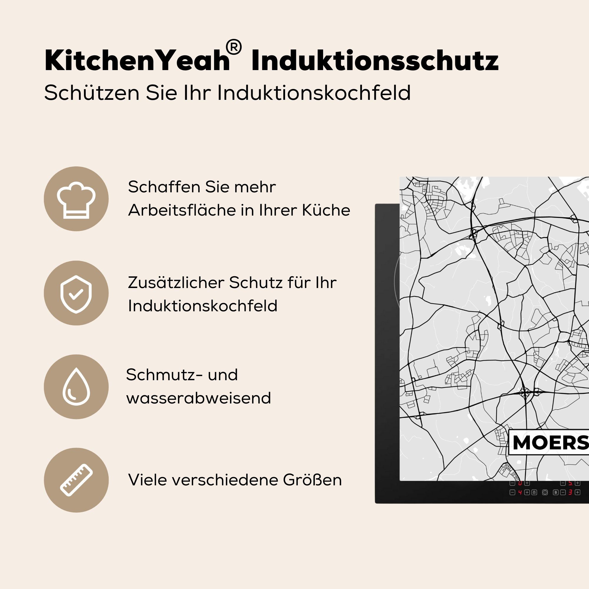 Moers, Karte Ceranfeldabdeckung, Deutschland MuchoWow Herdblende-/Abdeckplatte küche - (1 - 78x78 Stadtplan Vinyl, Arbeitsplatte cm, - tlg), für