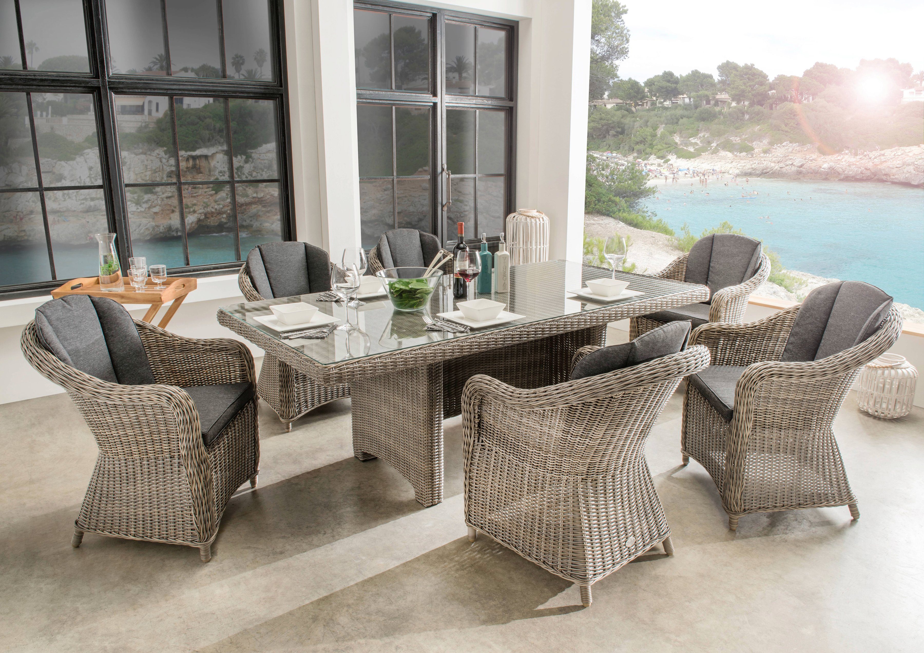 Destiny Garten-Essgruppe MALAGA LUNA 6 Se + Tisch 200x100x75cm, vintage grau, (Set, 19-tlg., 6 Sessel inkl. Polster, 1 Tisch mit Drehteller u. aufgel. Glasplatten), Aluminium, Polyrattan