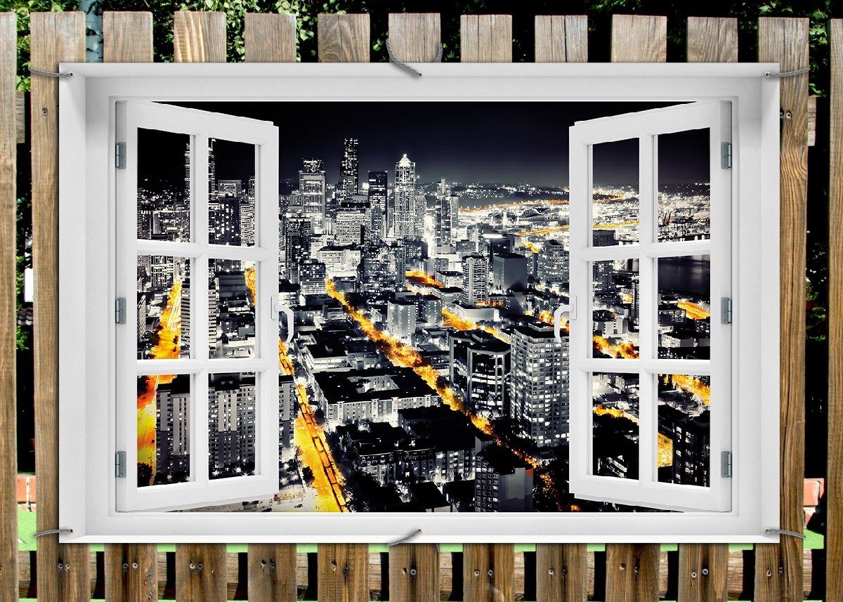 Thumbnail - Wallario Sichtschutzzaunmatten Großstadt bei Nacht - Seattle in schwarz weiß gelb, mit Fenster-Illusion