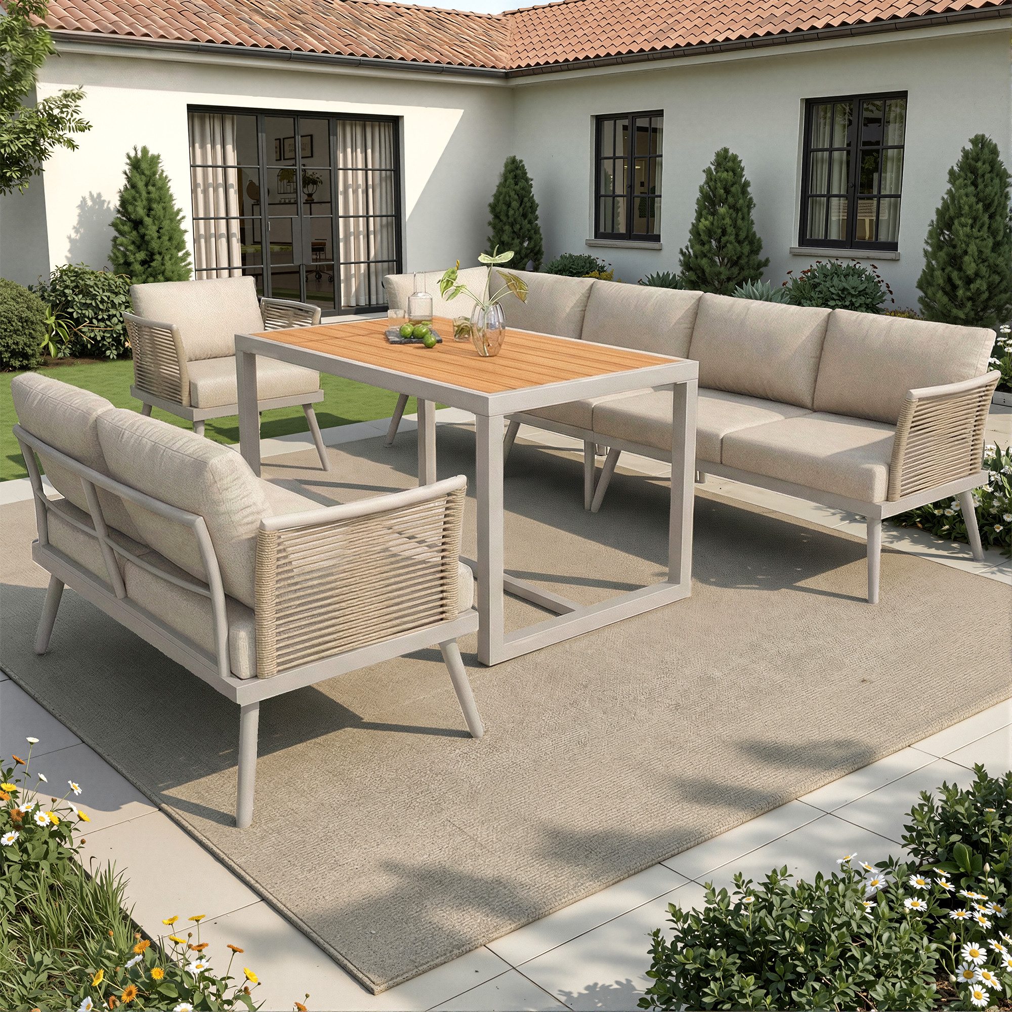 MODFU Gartenlounge-Set mit geflochtenen Armlehnen, (mit geflochtenen Armlehnen,Wetterfeste Eckgarnitur aus Eisen., 1-tlg)