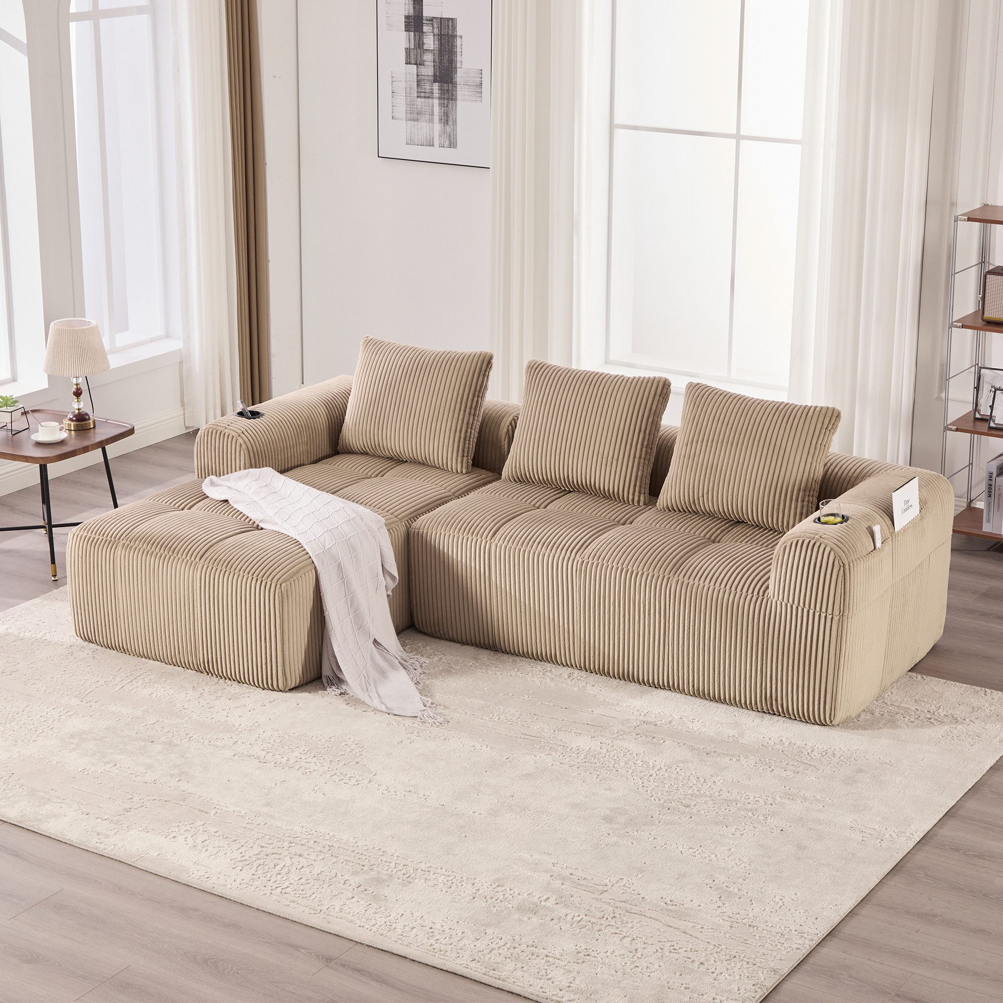 HAUSS SPOLE Sofa Kompakt-Sofa aus Cord mit Getränkehalter Relaxsessel mit 1 Kissen, modular, mit Seitentasche und Getränkehalter. für langes Sitzen, inkl. 3 Kissen, Kompakt-Ecksofa aus Cord