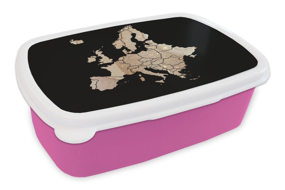 MuchoWow Lunchbox Karte - Europa - Glitzer, Kunststoff, (2-tlg), Brotbox für Erwachsene, Brotdose Kinder, Snackbox, Mädchen, Kunststoff rosa