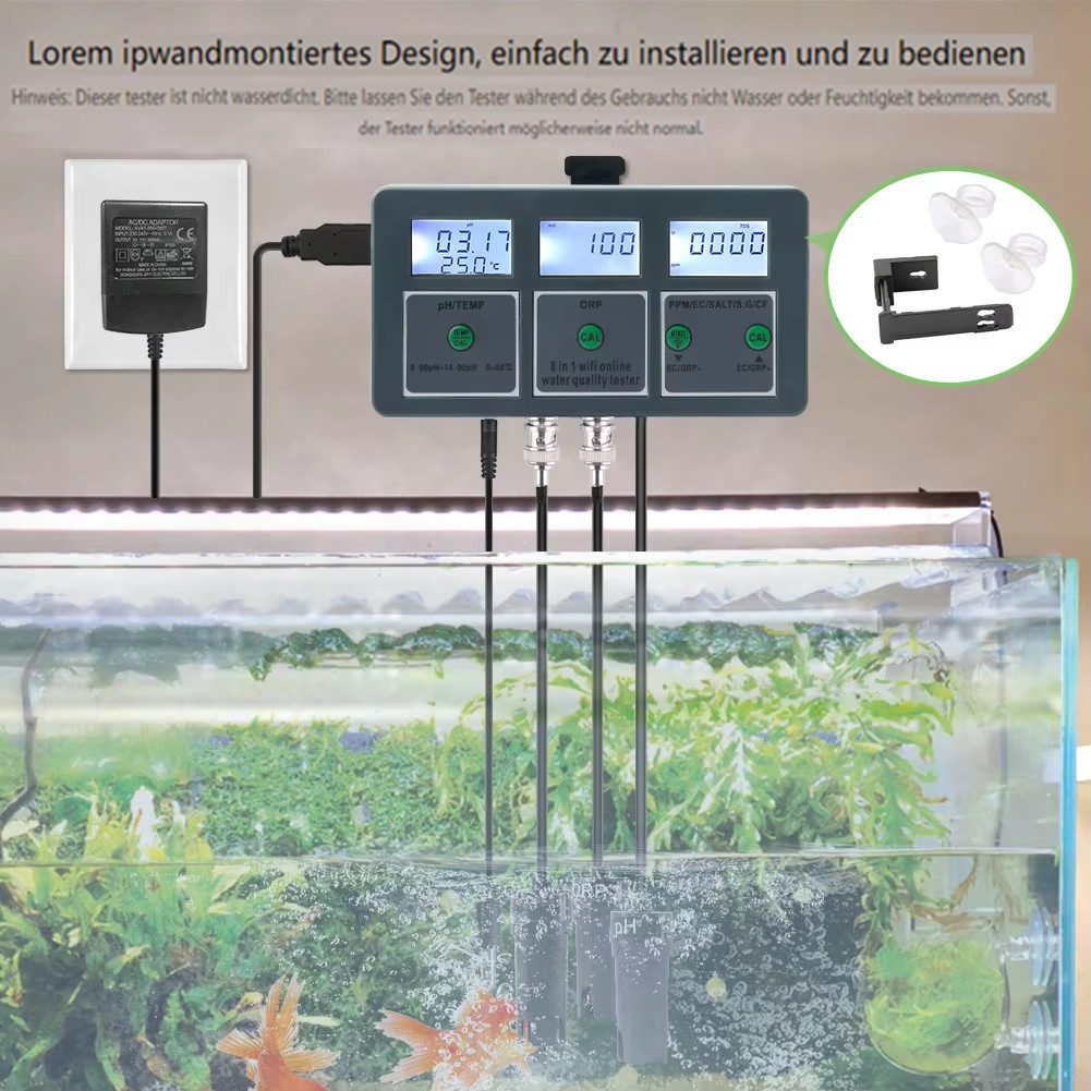 Insma pH-Messgerät 8 in1 WiFi Wasserqualitätsmessgerät pH EC ORP TDS Salzgehalt, (Temperatur S.G. Monitor Datenlogger), Digital LCD Messgerät-Set für Aquarium Pool Hydroponik