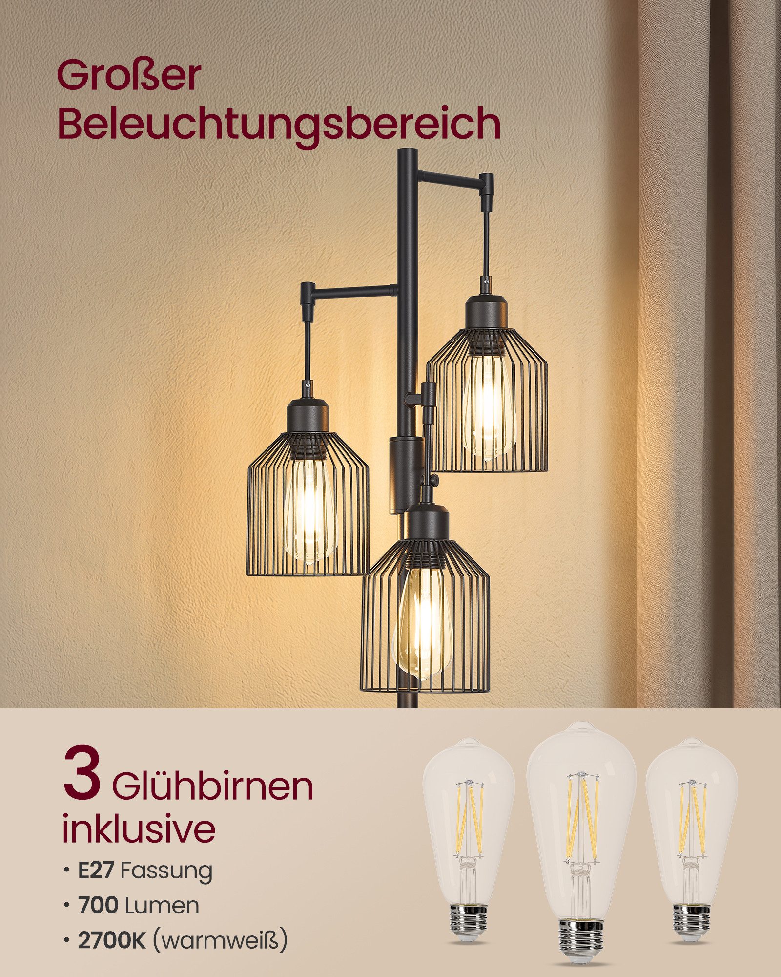 VASAGLE Stehlampe Standleuchte, 3-flammige Stehleuchte, Helligkeit einstellbar, Metallschirm, 3 E27-Fassungen, modern