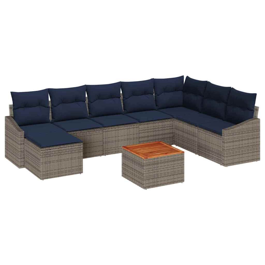 vidaXL Gartenlounge-Set Gartensofa-set 9 pcs Grau und Marineblau Poly-Rattan, (9-tlg)