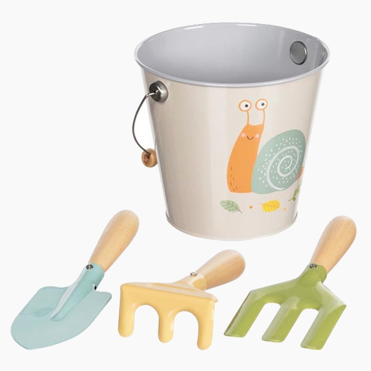 goki Spielzeug-Gartenset Відра mit Gartenwerkzeug, Motiv Schnecke, (packung, 4-tlg., packung), rund gestaltete Holzgriffe ohne scharfe Kanten