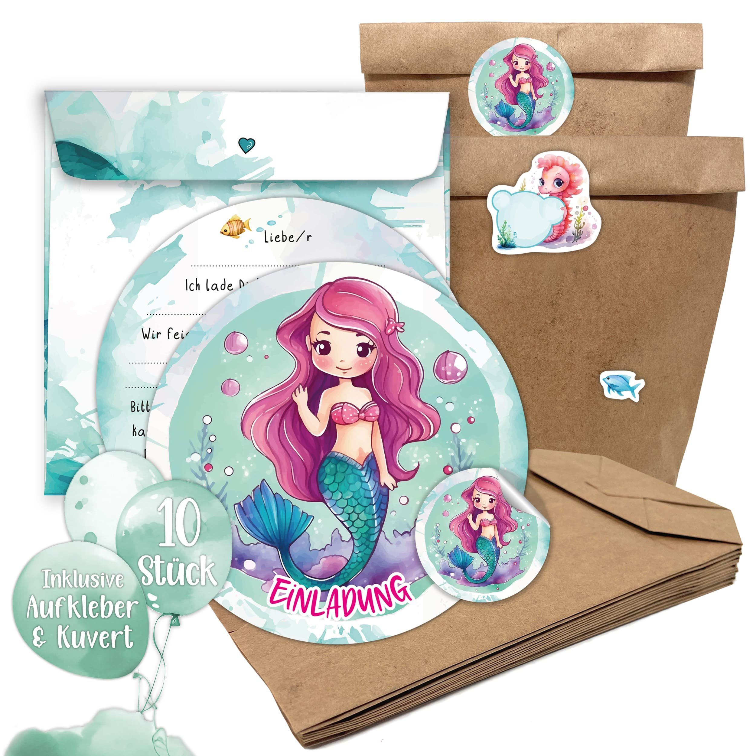 TOBJA Grußkarte Einladungskarten & Mitgebseltüten Meerjungfrau, Kindergeburtstag Mädchen Geburtstag Einladung Kinder