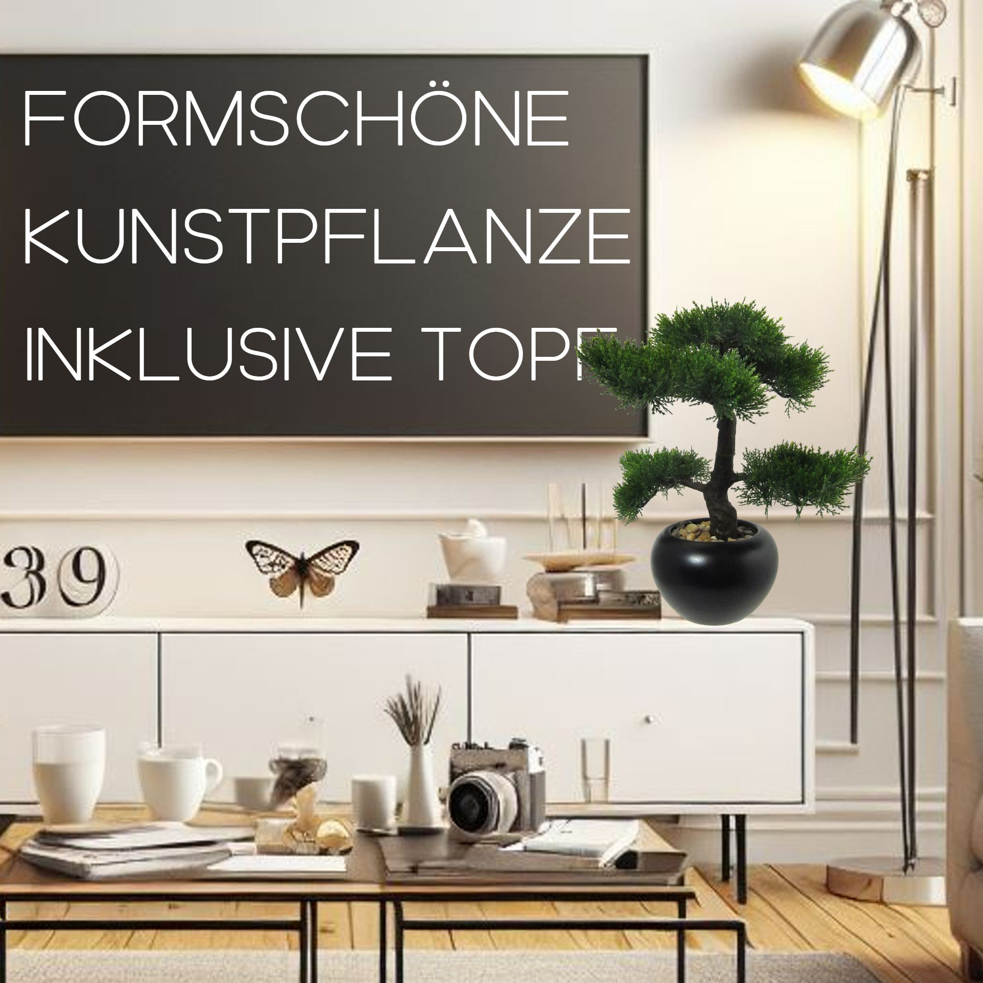 Kunstbonsai Kunstpflanze Bonsai Zeder 37cm mit Topf Keramik asiatisch Deko idee, TronicXL, Höhe 37 cm, im Topf