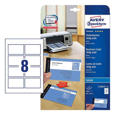 Avery Zweckform Visitenkarten C32015-25, weiß-matt, ohne Perforation, 260 g/m²