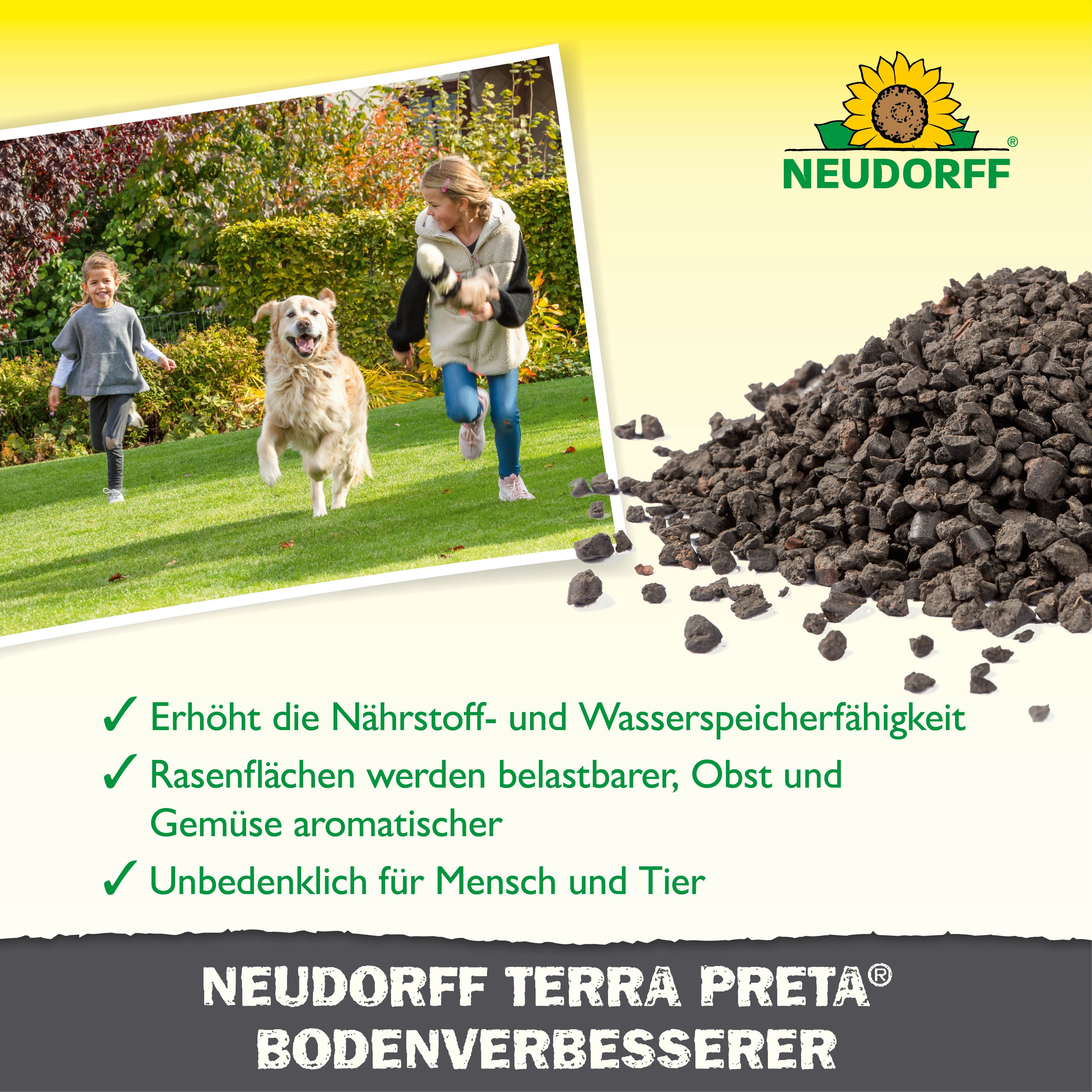 Neudorff Bodenverbesserer Terra Preta BodenVerbesserer 20 kg, Belebt & regeneriert beanspruchte Gartenböden, Für Humusaufbau, Bodenstruktur & Wasserspeicherung bis 200 m², Mit Pflanzenkohle & Mikroorganismen für den Humusaufbau