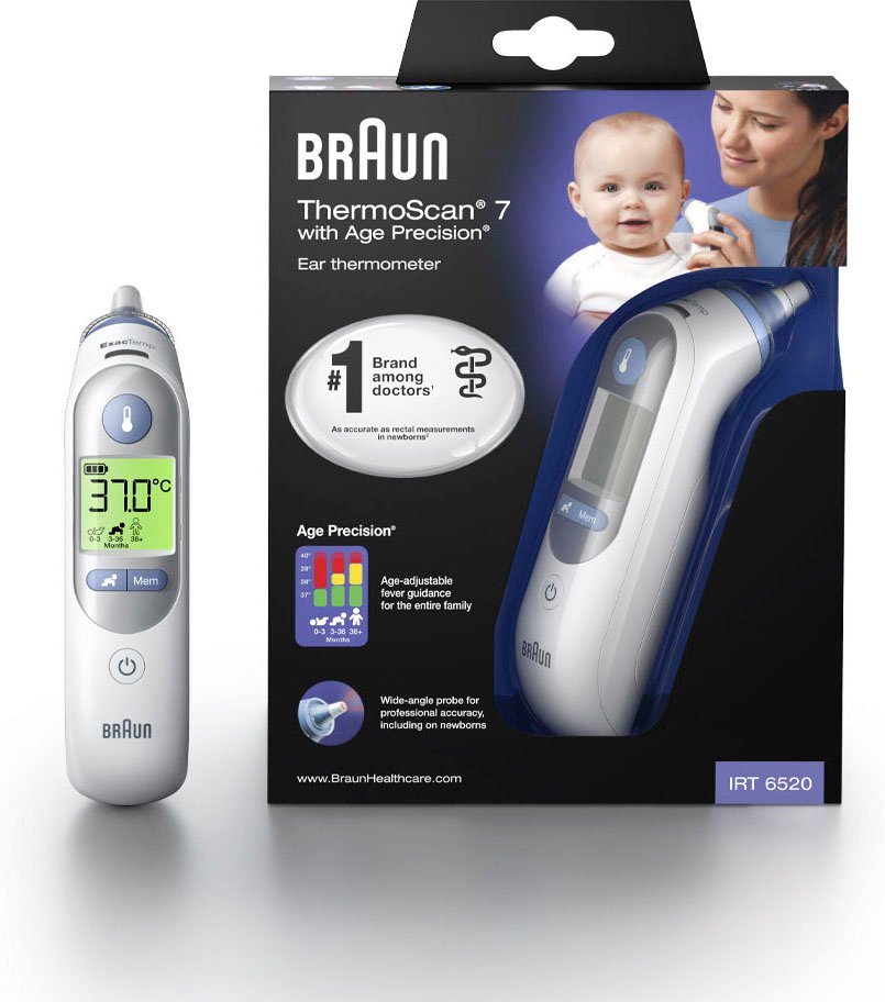 Braun Ohr-Fieberthermometer ThermoScan® 7 Ohrthermometer mit Age Precision®  - IRT6520, Für alle Altersgruppen geeignet, einschließlich Neugeborener,  Vertrauen Sie der von Ärzten empfohlenen