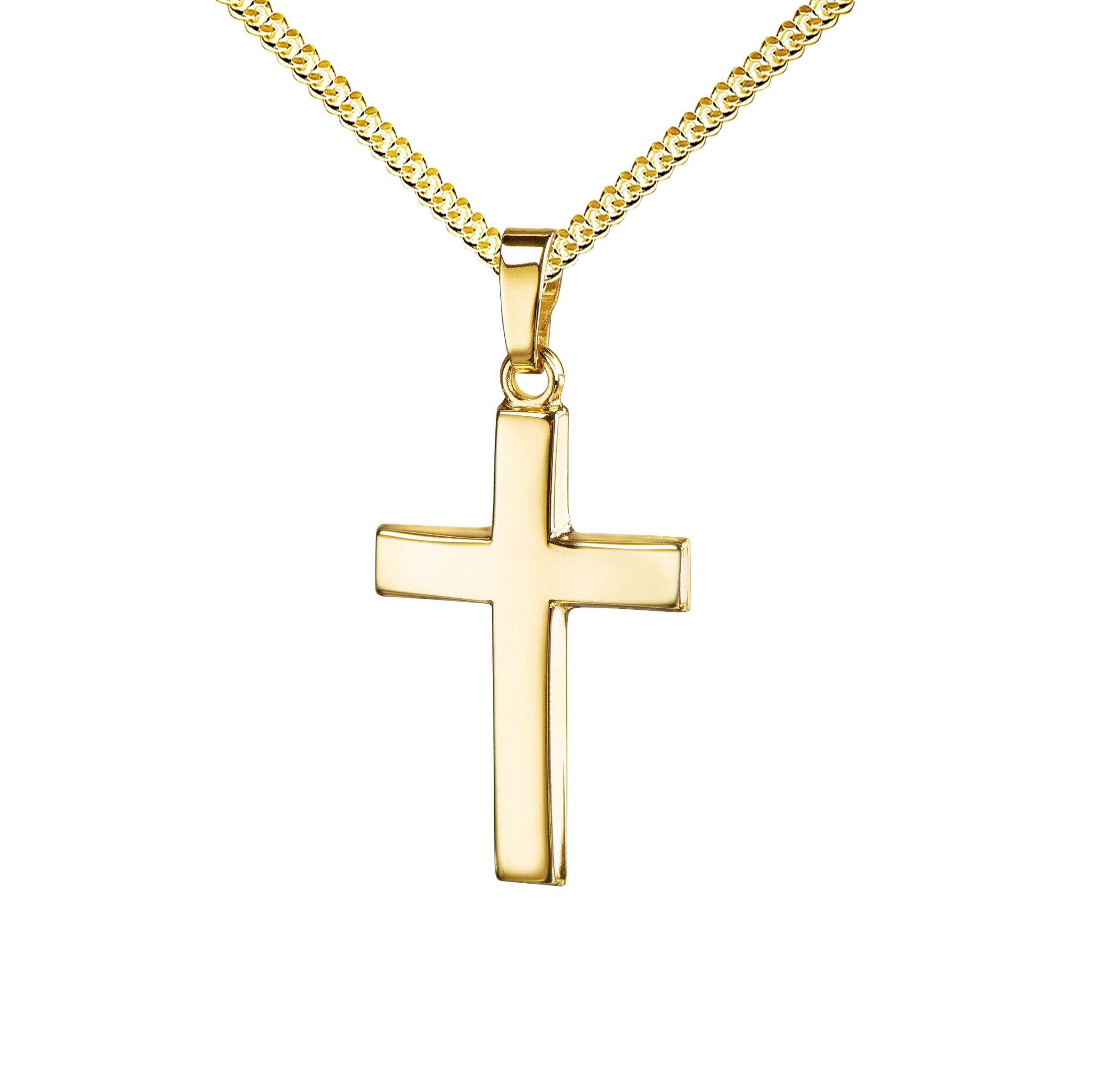 JEVELION Kreuzkette Kreuz-Kettenanhänger 585 Gelbgold massiv - Made in Germany (Goldkreuz, für Damen und Mädchen), Mit Kette vergoldet- Länge wählbar 36 - 70 cm oder ohne Kette.