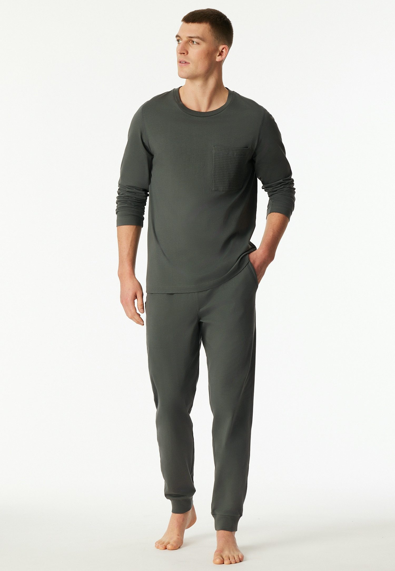 Schiesser Schlafanzug Modern Nightwear (2 tlg) seitliche Taschen, Brusttasche, Langarm, Baumwolle, Single Jersey