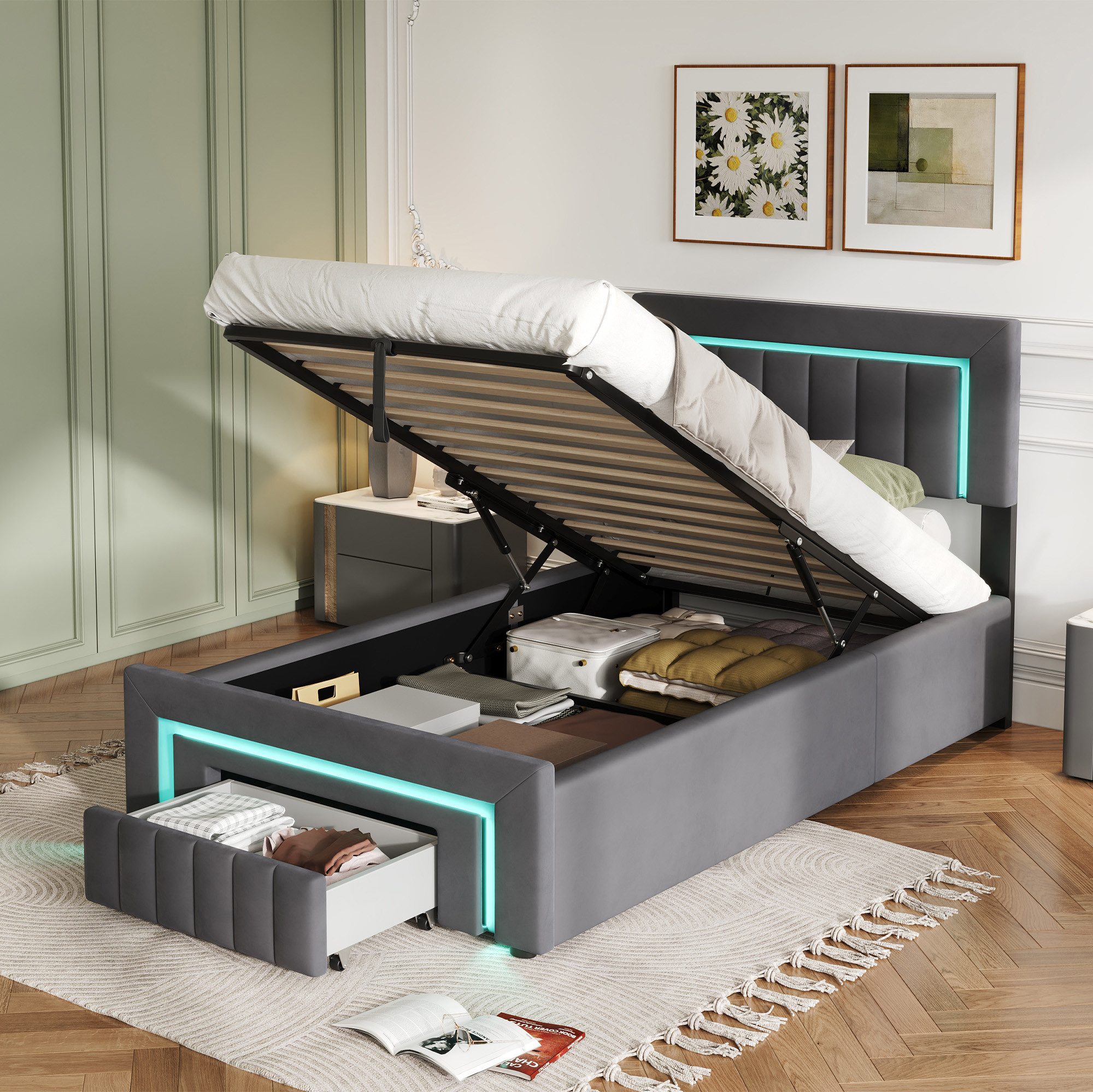 STILVORA Polsterbett 90×200 mit bettkasten,Funktionbett Boxspringbett mit LED & Schubladen (verstärkter Metallrahmen, stabiler Lattenrost, Gepolstertes Kopfteil, Bettkasten mit Hydraulik, Bettgestell mit Gepolstertes Kopfteil), mit einem Hebeseil, Samt-Stoff, Grau