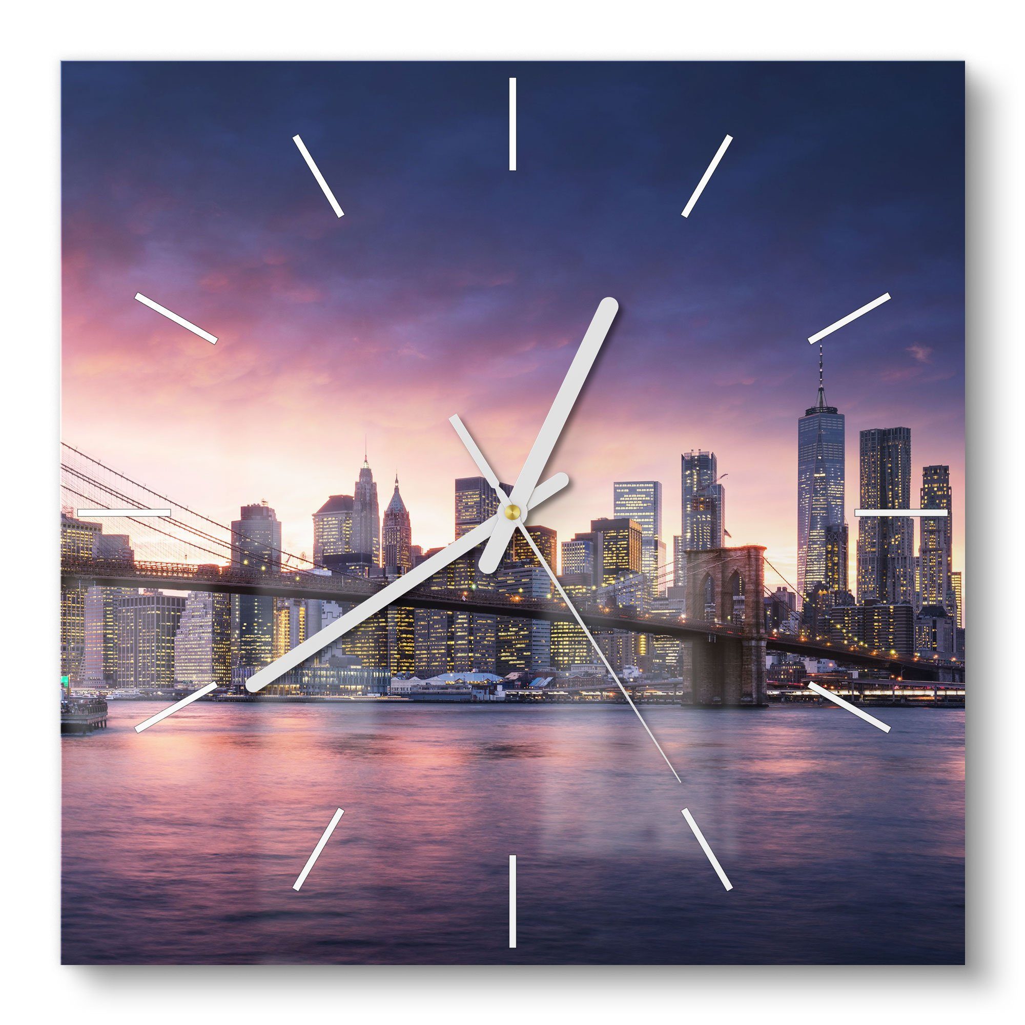 DEQORI Wanduhr 'Brooklyn Bridge Abendröte' (Glas Glasuhr modern Wand Uhr  Design Küchenuhr)