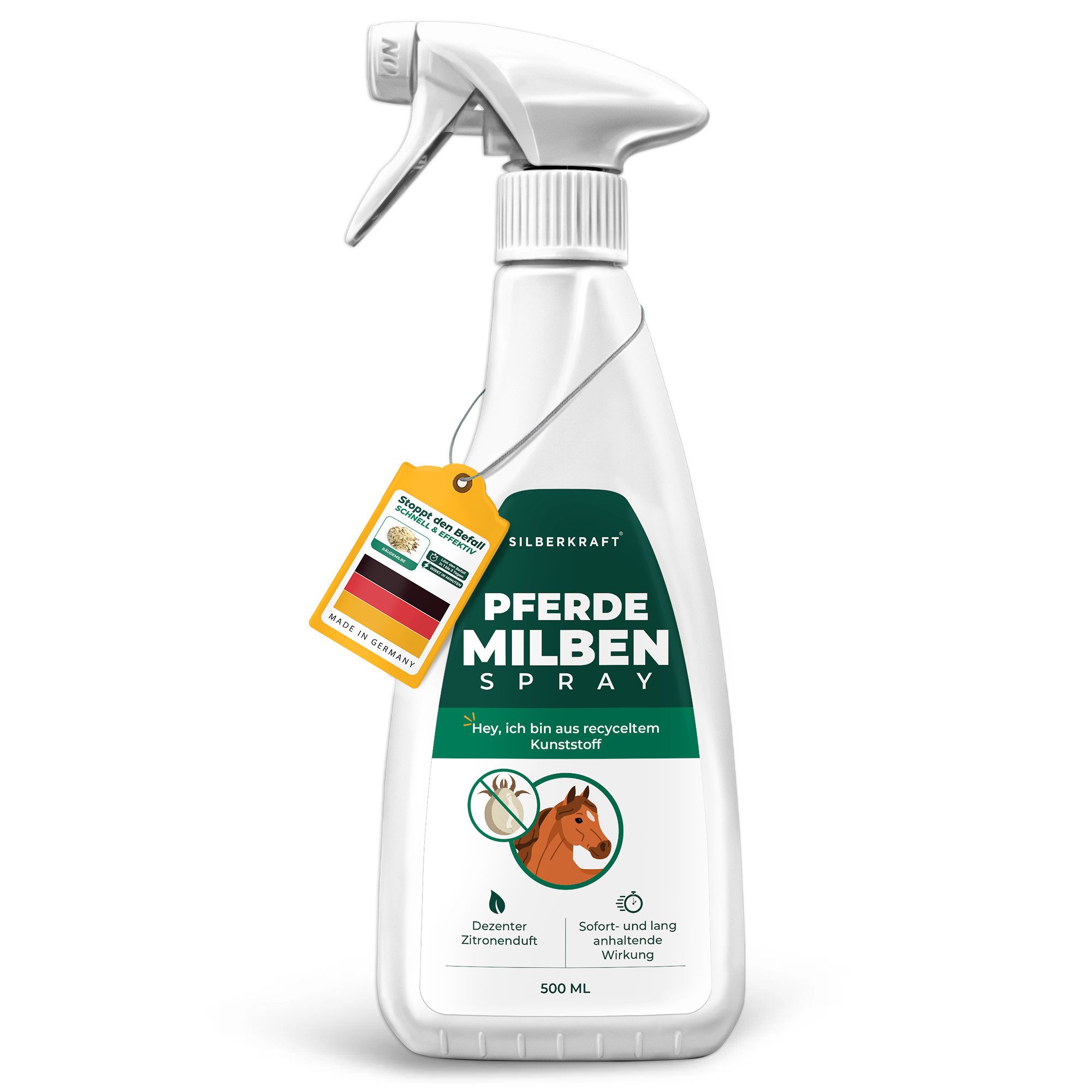 Silberkraft Insektenspray Milbenspray Pferde, 500 ml, Sofort- und Langzeitwirkung, Einfache Anwendung auf Fell & Umgebung, 1-St., Zuverlässiger Milbenschutz für Pferde, Made in Germany, gegen Milben, Flöhe & Läuse, wirksame Formel zur Insektenabwehr