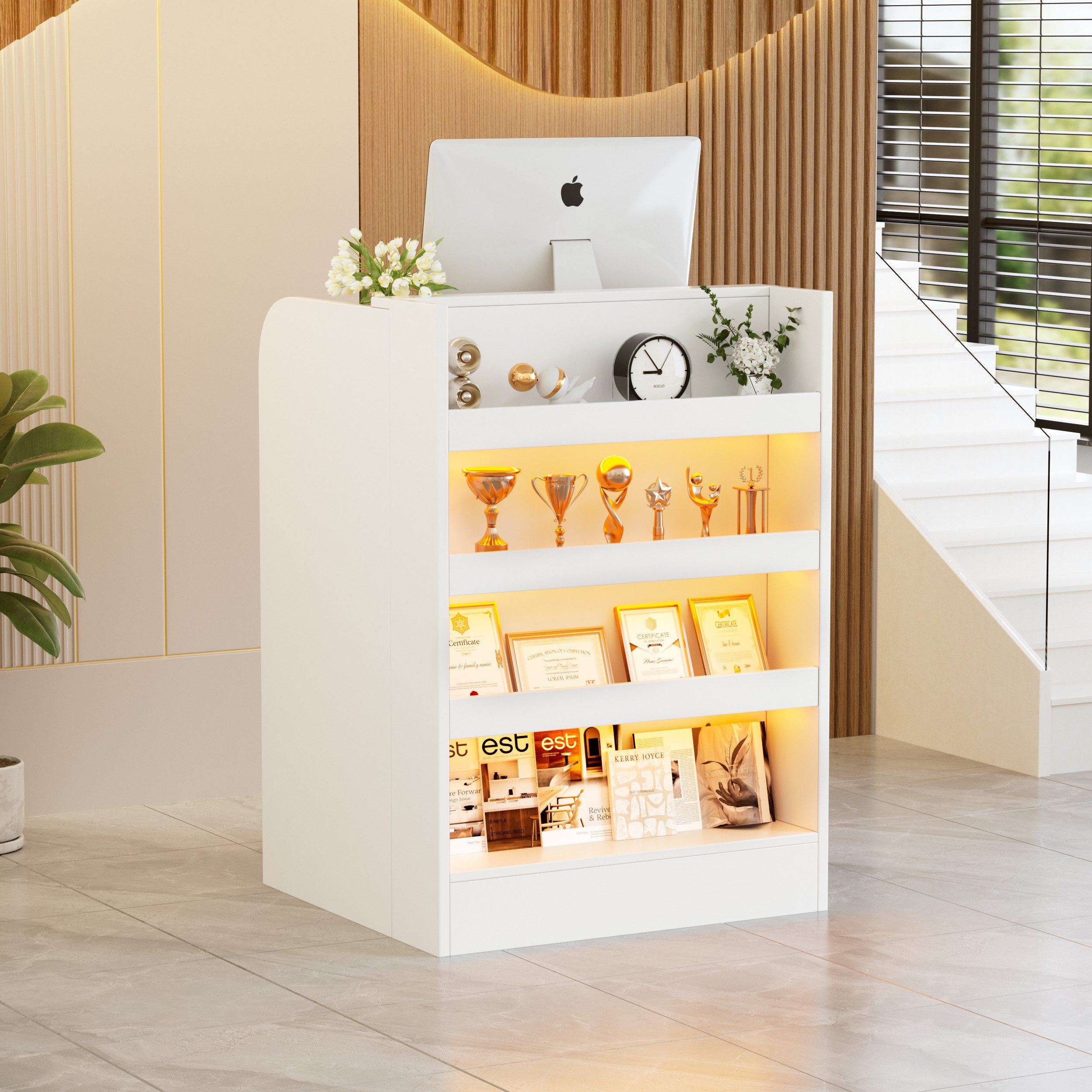 TWSOUL Empfangstheke mit LED, kompakter Rezeptionstisch mit abschließbarer Schublade, platzsparende Verkaufstheke, Weiß