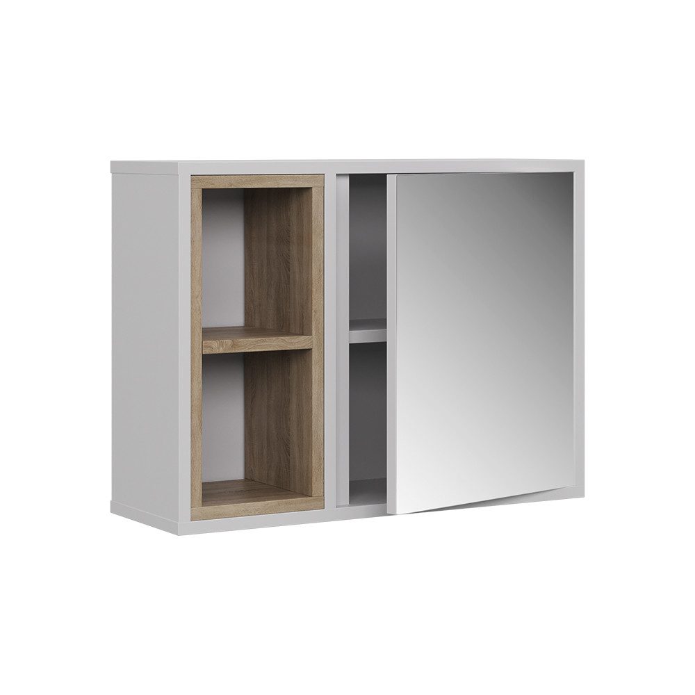Badezimmerspiegelschrank Elnor, Weiß/Eiche/Weiß, 60 x 45 cm mit 2 offenen Fächern & 1 Tür