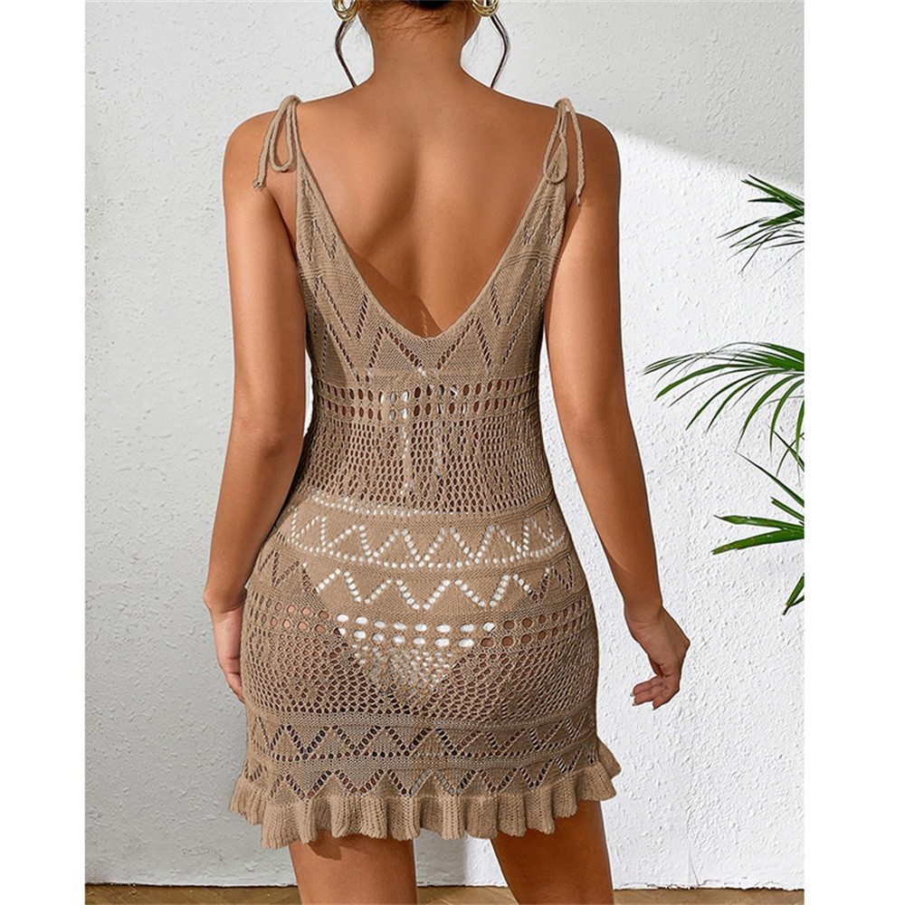 MOPUEA Blusenkleid Kurzes Damen Strandkleid aus Netzstoff Tief V Rückenfrei Transparent (1-tlg) Minikleid rückenfrei ärmellos mit Cut-out im Strandstil Einteiler