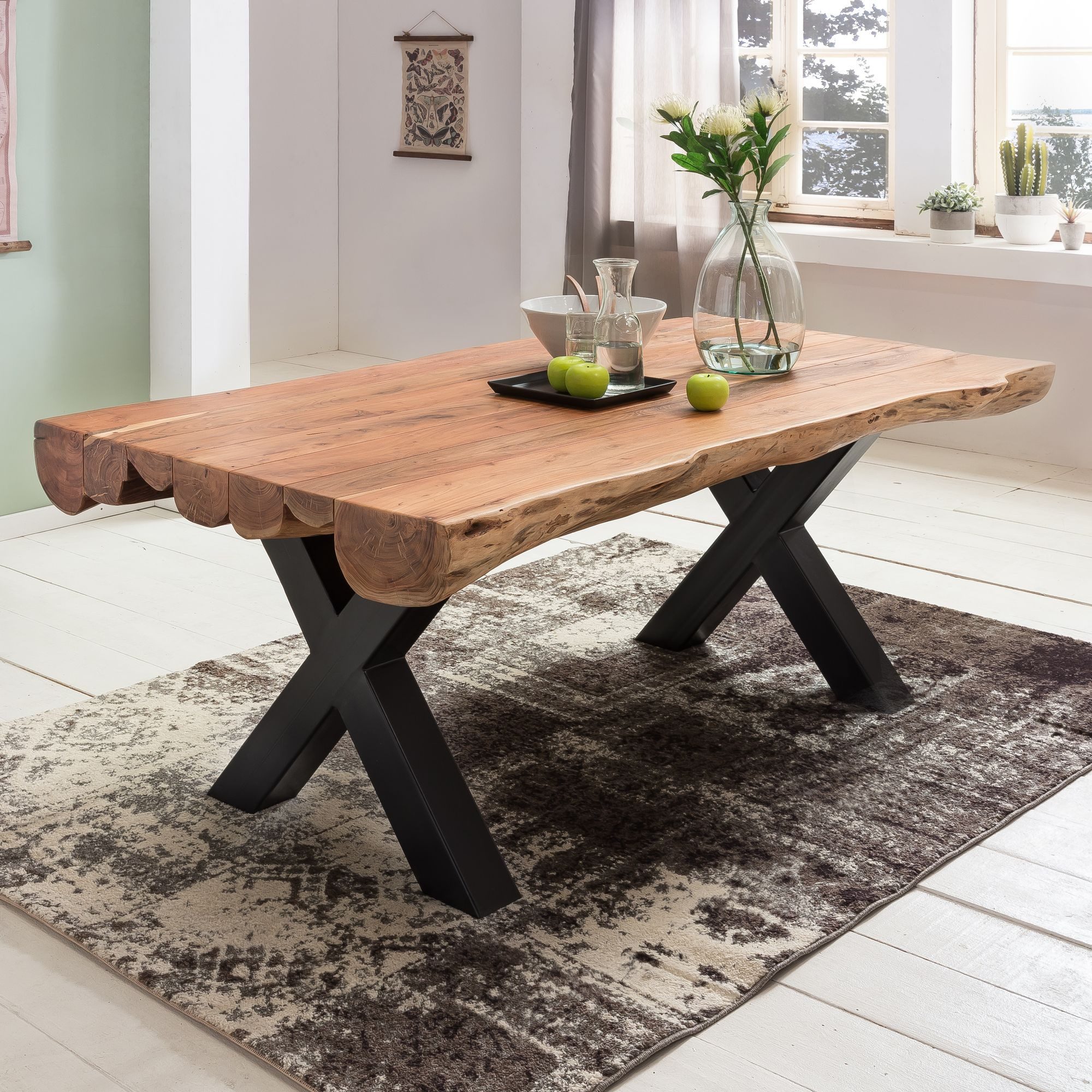 FINEBUY Esstisch Esszimmertisch 200x100cm Akazie Vollholz Baumstamm Landhaus Esstisch (200 x 100 x 77 cm Akazie Baumstamm Vollholz), Großer Küchentisch, Esszimmertisch Baumkante