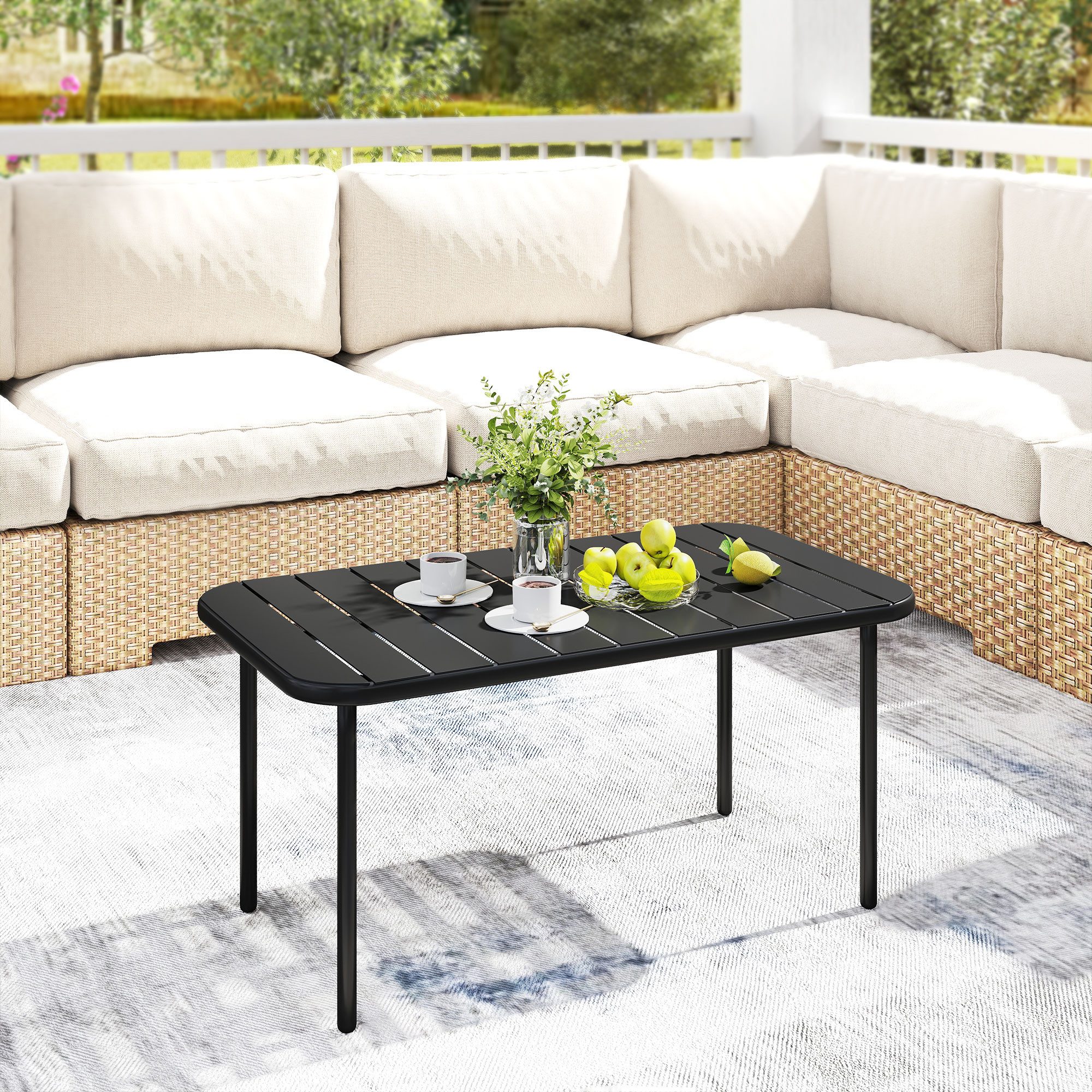 Outsunny Beistelltisch Balkontisch aus Stahl Rechteckig Kaffeetisch Schwarz (Gartentisch, 1-St., Outdoor-Couchtisch), Wetterfest und pflegeleicht