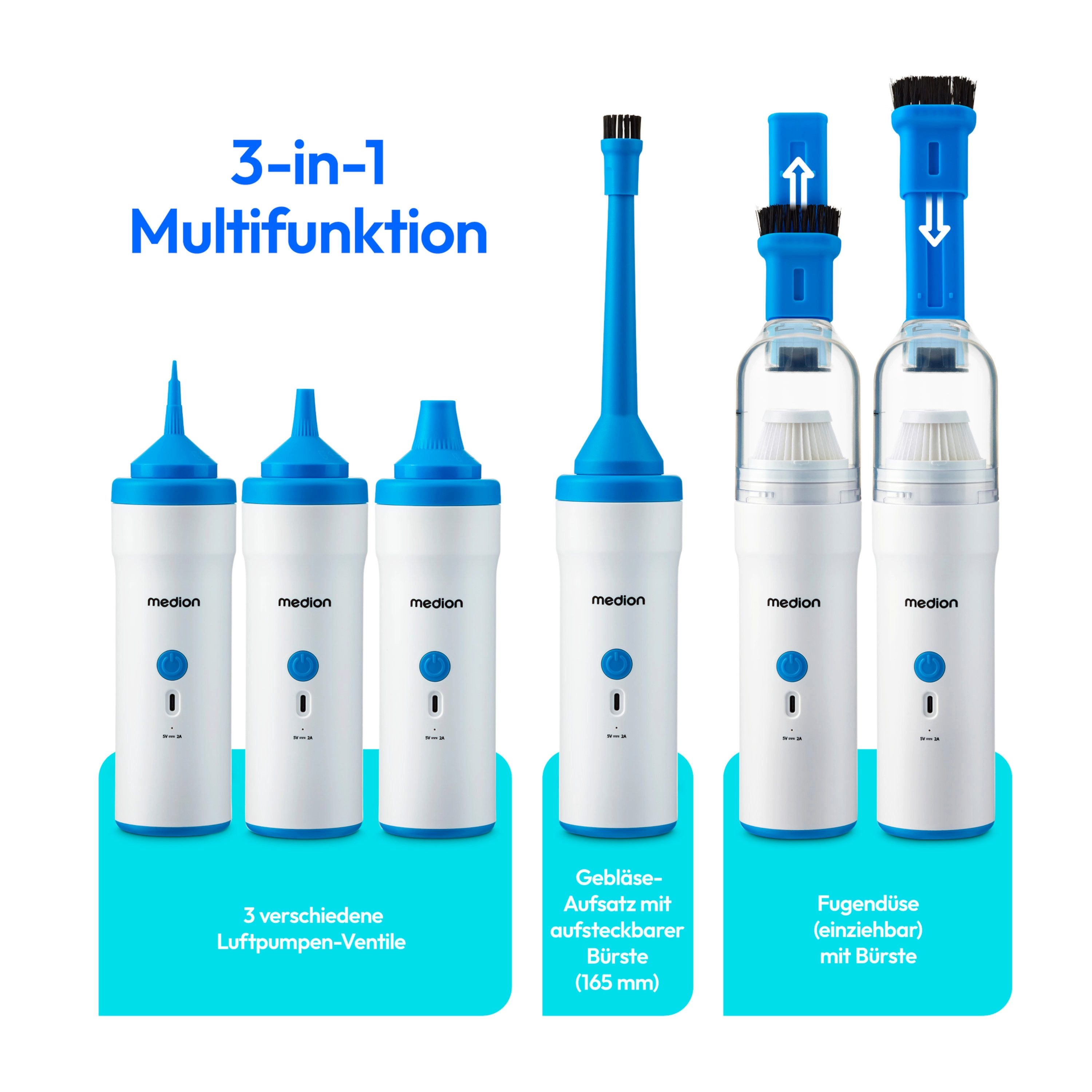 Medion® Bodenstaubsauger Akku 3in1 LIFE® (MD 19877), 60 W, beutellos, kabellos, Luftpumpen und Gebläsefunktion, starke Saugleistung, USB-C