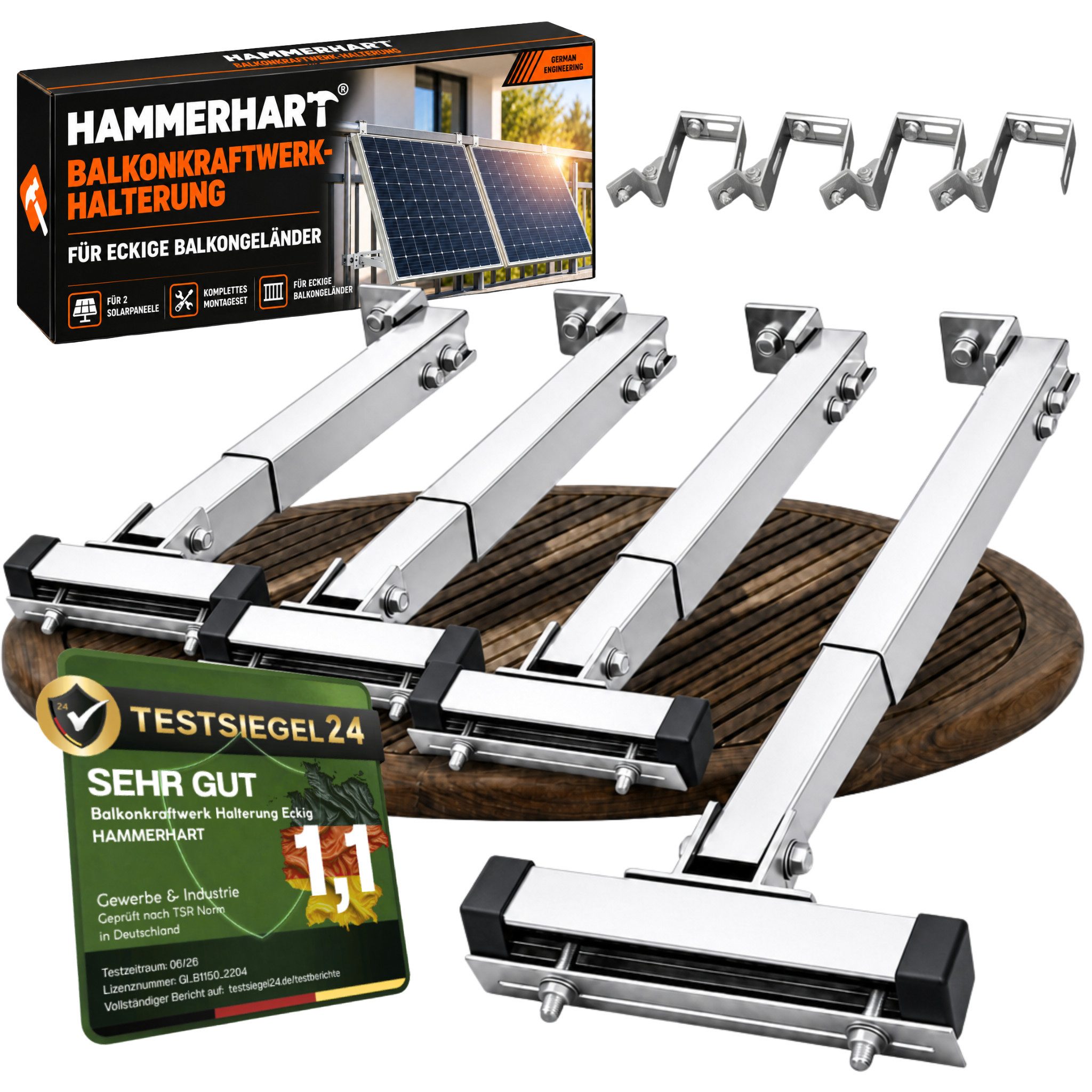 HAMMERHART Solarmodul-Halterung 4x Balkonkraftwerk Halterung ECKIG, Verstellbar 0°–30° Extra Robust, (Solarpanel Halterung für eckige Balkon Geländer, Balkonkraftwerk Halterung für eckige Balkongeländer)