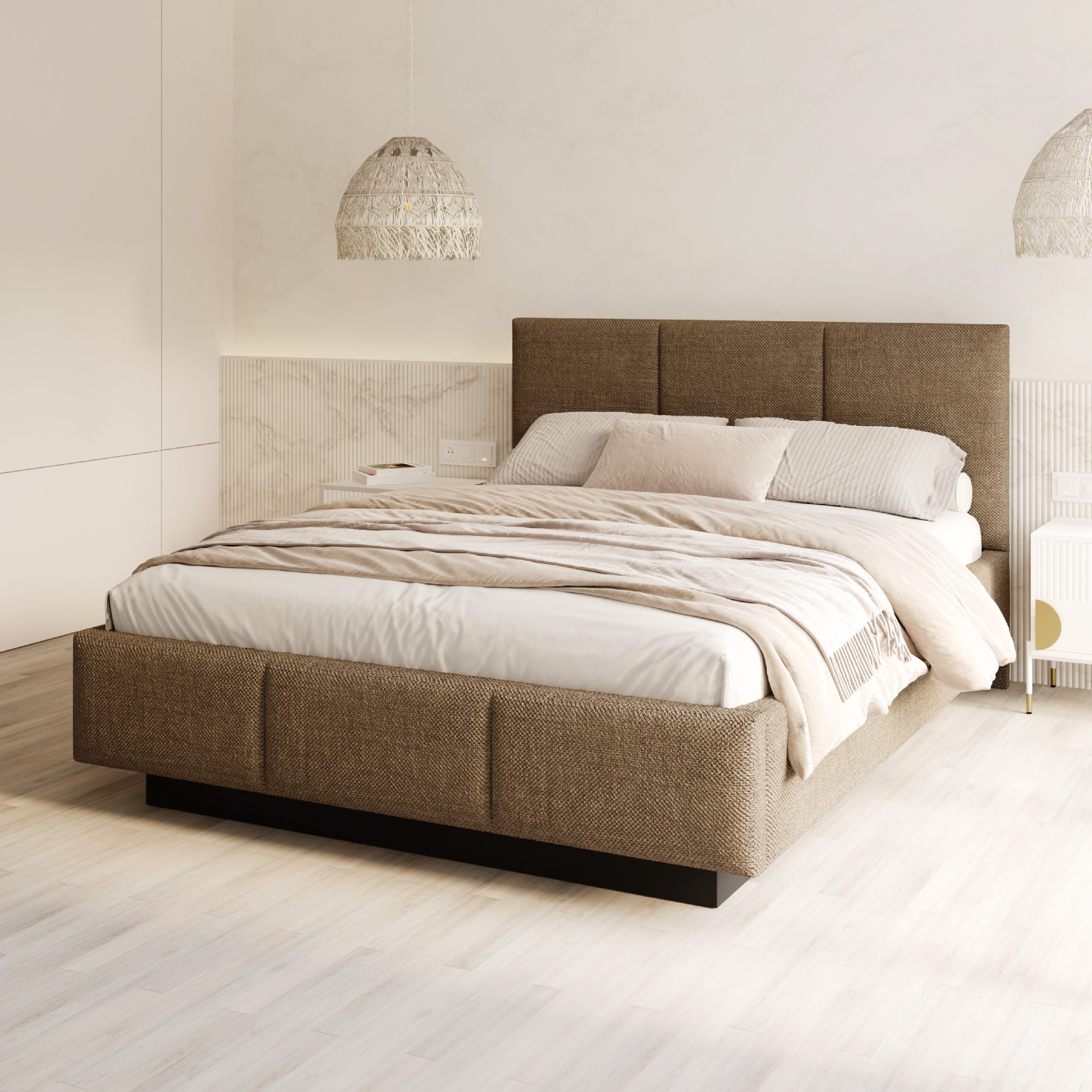 FDM Polsterbett ALMADA modern mit Bettkasten MADE IN EU - mit Ottawa Bezug (verfügbar 90x200 120x200 140x200 160x200 180x200cm, Bettrahmen, Bett, mit großen gepolsterten Kopfteil, mit Bettkasten zum aufklappen), Hebbarer Metallrahmen, Bettkasten