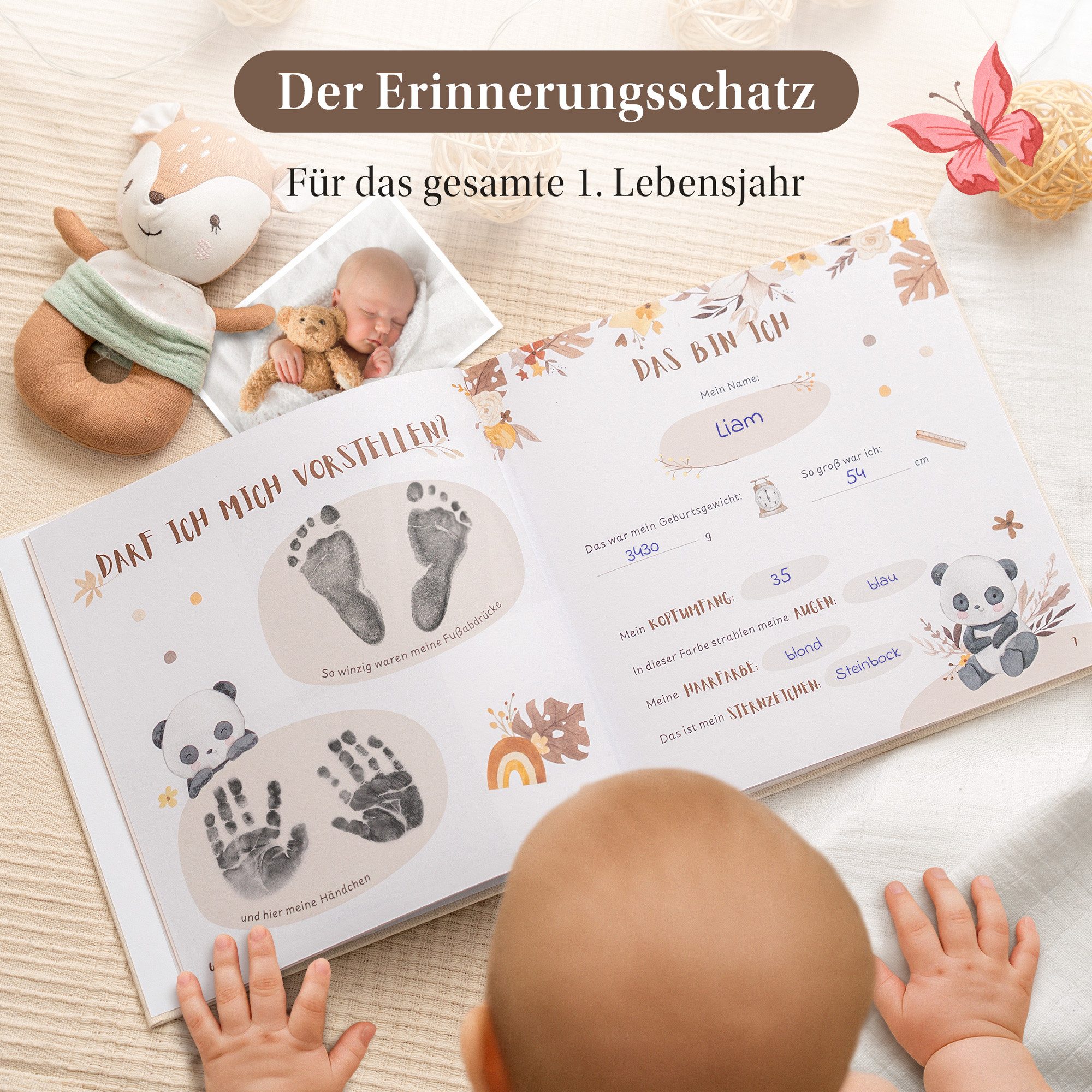 Eulentaler Tagebuch I Babyalbum mein erstes Jahr I Mit Leinen & Goldprägung, im Boho Stil, mit handgemalte Illustrationen & allen Meilensteinen