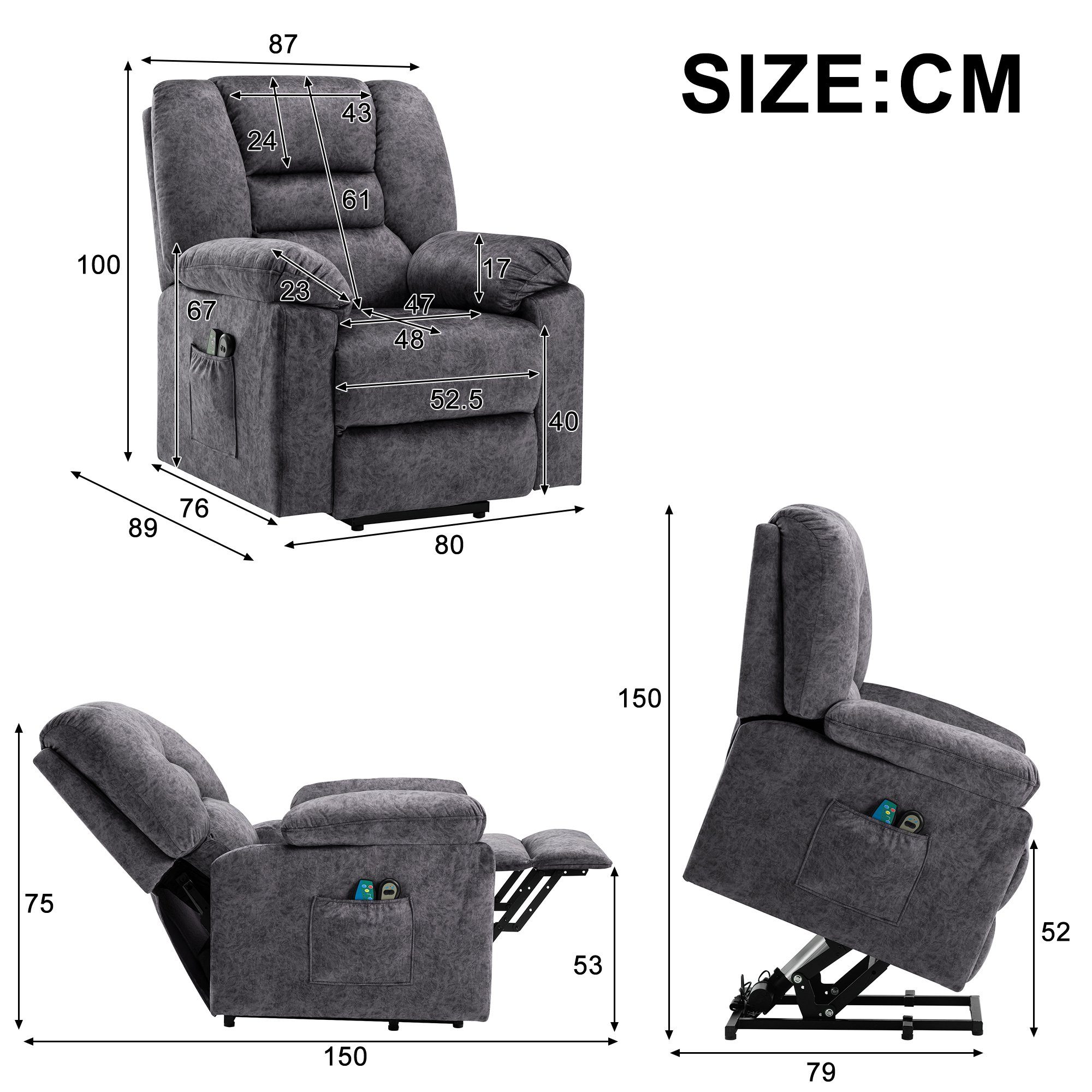 TV-Sessel (Fernsehsessel mit Aufstehhilfe, Schlafsessel, Relaxsessel, Massagesessel, Liegefunktion, Wärmefunktion und Vibrationsmassage), bis zu 150 kg belastbar, Stoff, Braun / Grau
